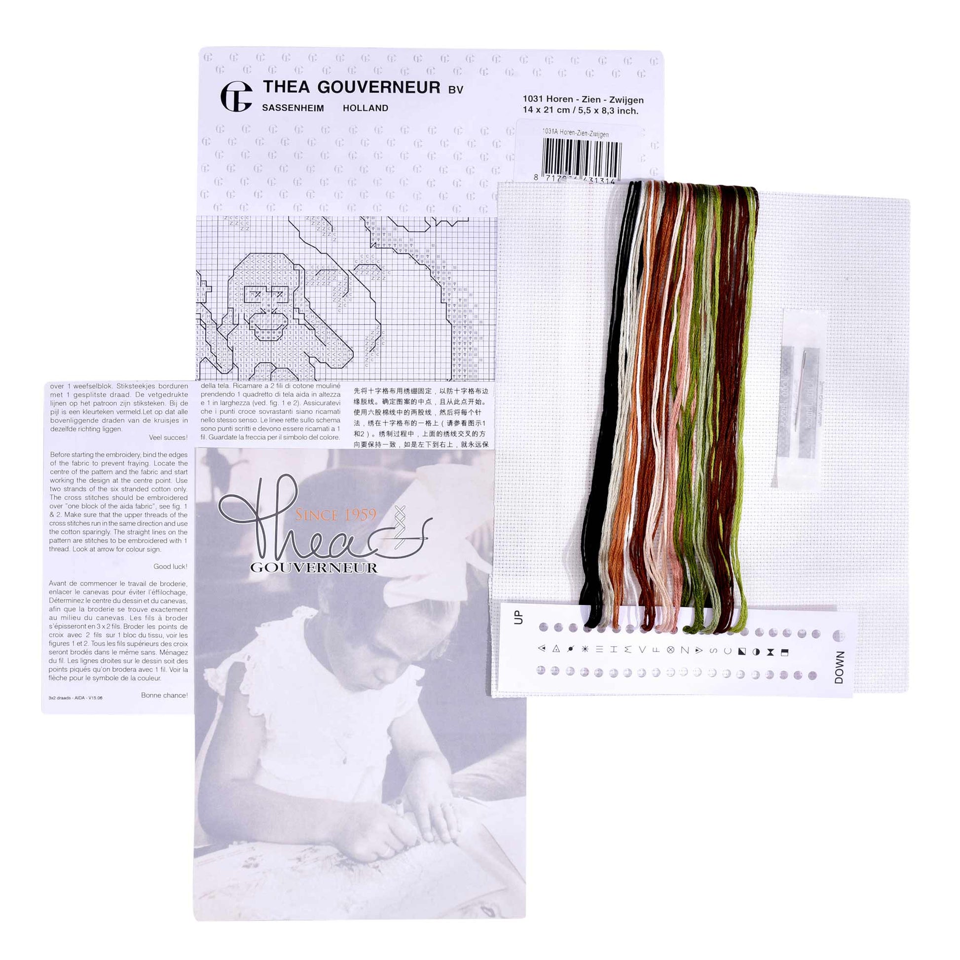 Packaging of Thea Gouverneur embroidery kit with pattern sheet, needlework fabric, and DMC floss threads on a white background