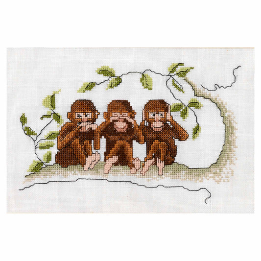  cross sttich pattern three wise monkeys sitting on a tree branch. 