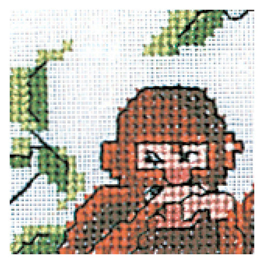close up cross stitch monkeys sitting on a tree branch.