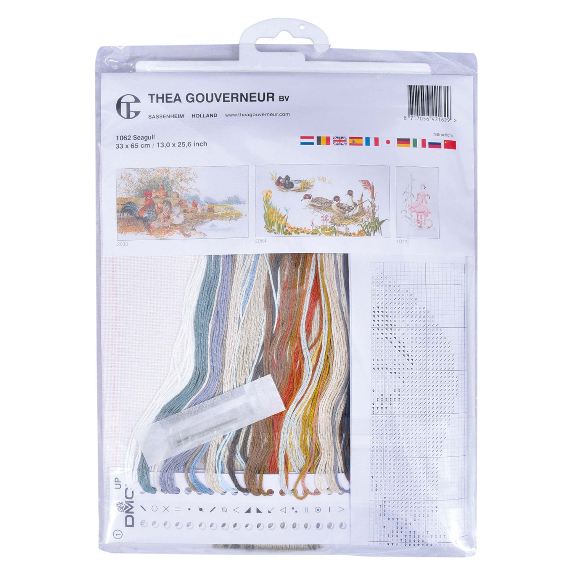 Packaged cross-stitch kit by Thea Gouverneur with colorful dmc embroidery threads presorted on the floss organizer