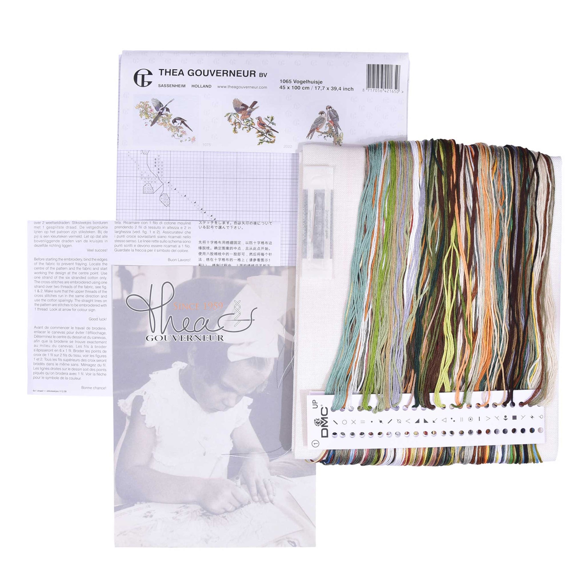 Embroidery kit with pattern and chart, needlework fabric, and threads on a white background
