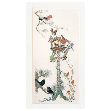 Cross stitch kit birds around a birdhouse on a white background