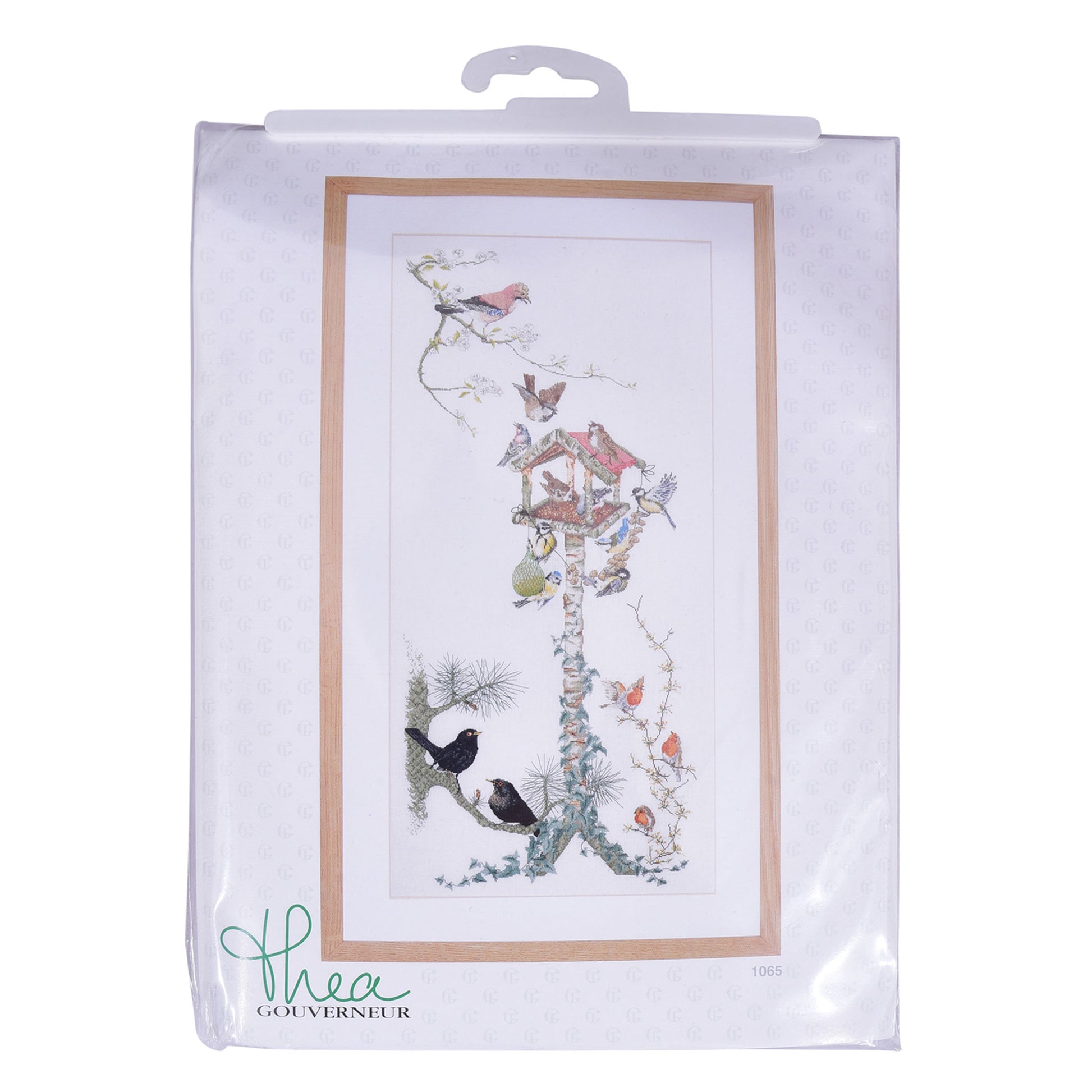 Cross-stitch kit with bird design in packaging, featuring the brand Thea Gouverneur.