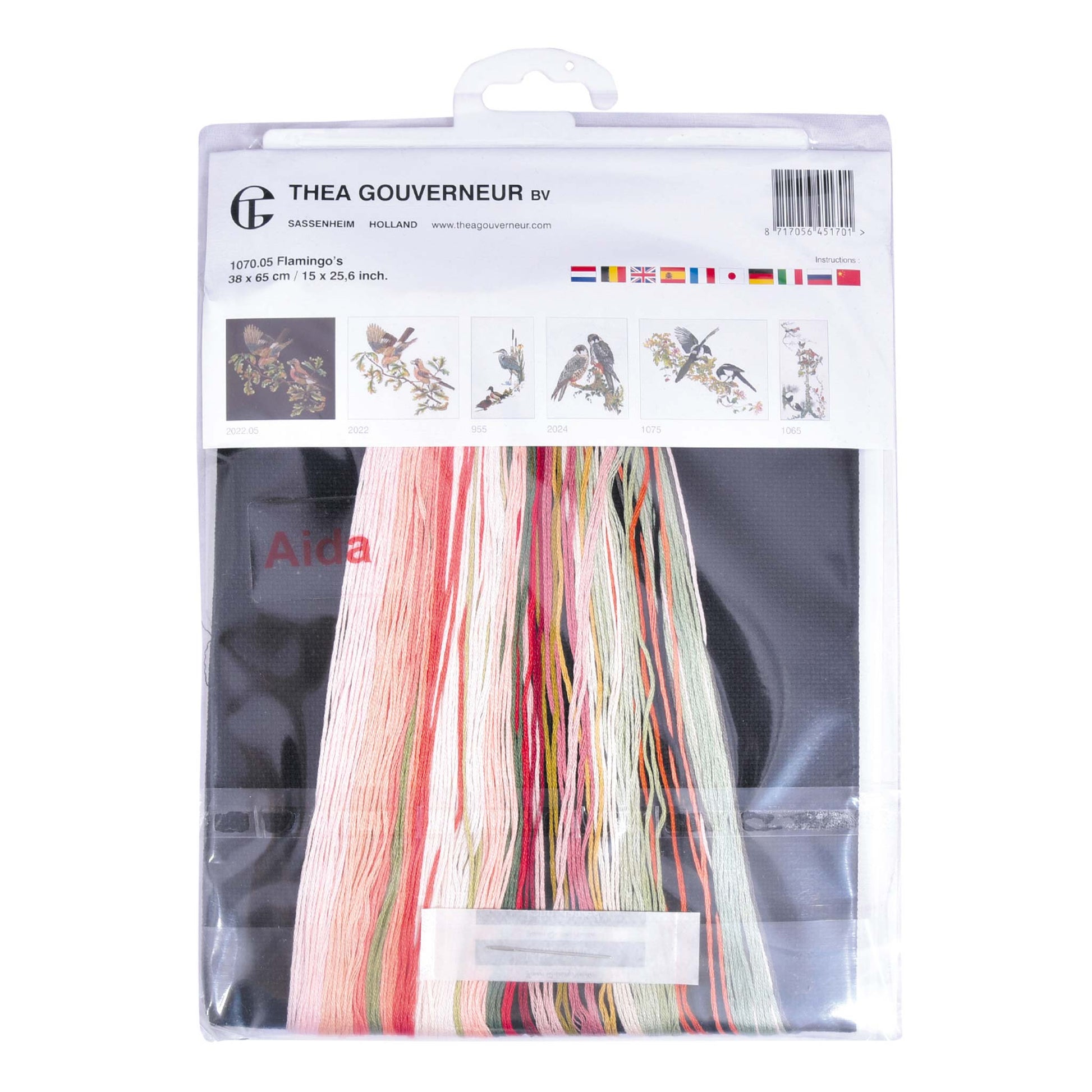 Embroidery kit with Aida needlework fabric and packaging displaying dmc embroidery threads and kit content