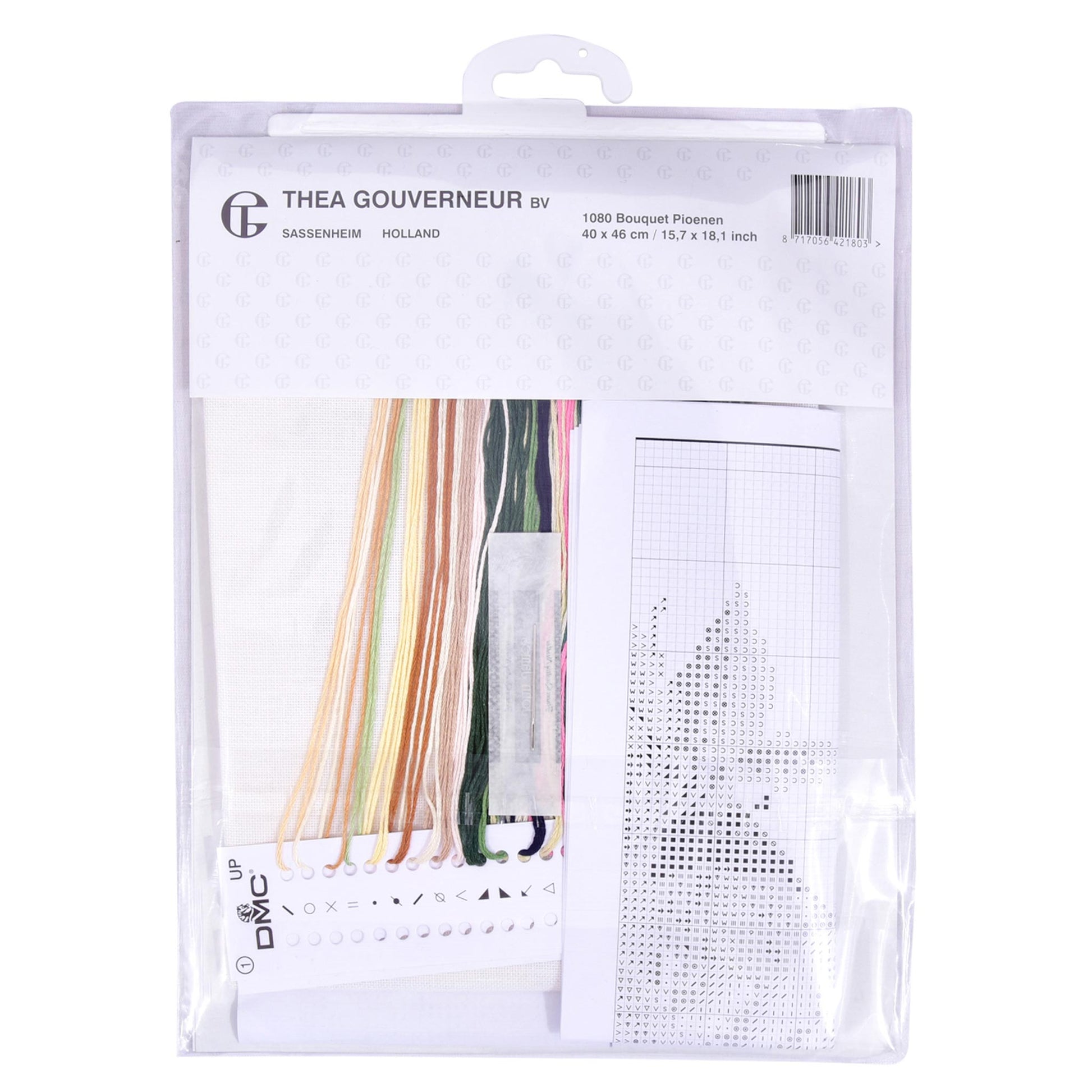 Packaged cross-stitch kit with dmc embroiery threads and printed pattern, needlework fabrics