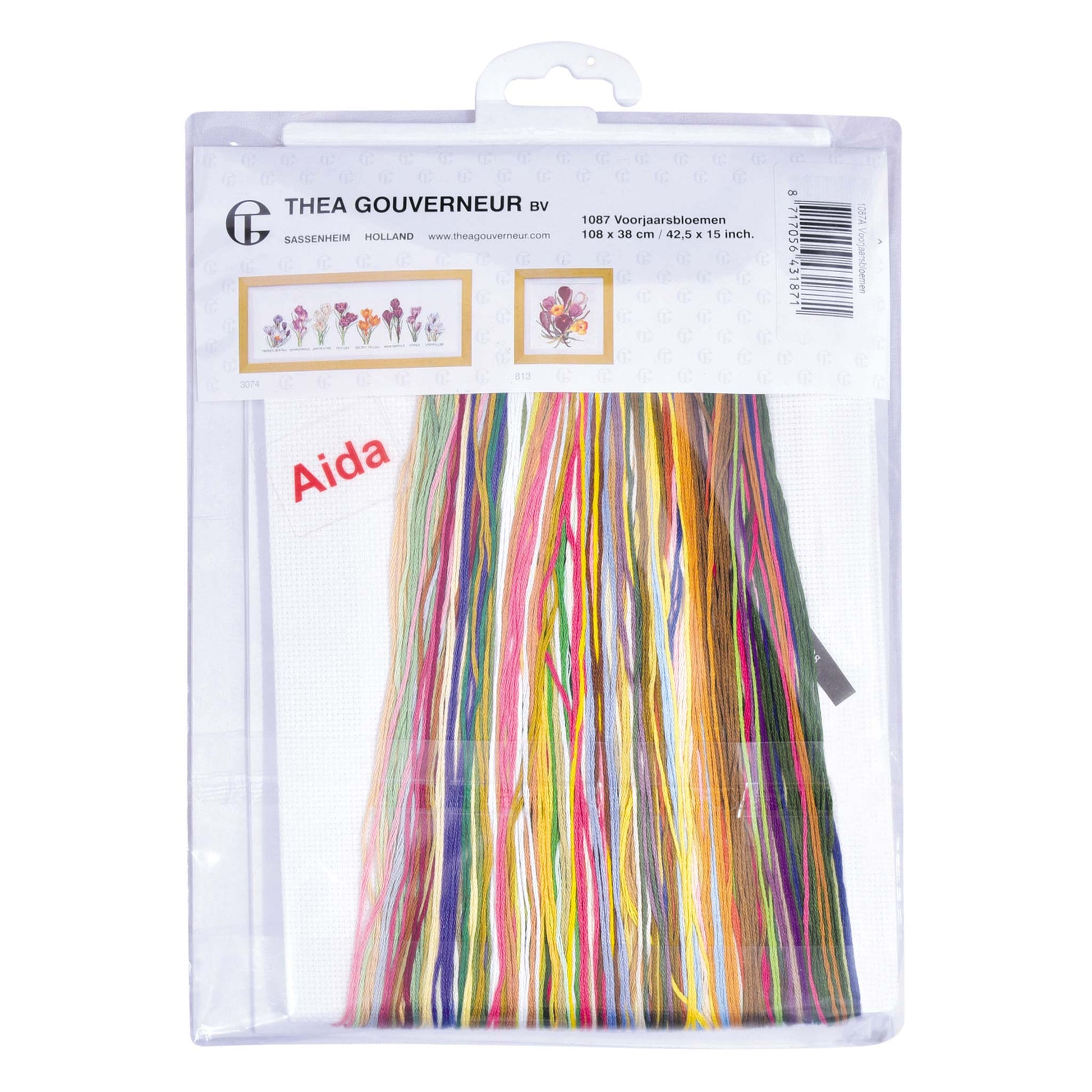 Embroidery kit with Aida needlework fabric and packaging displaying dmc embroidery threads and kit content