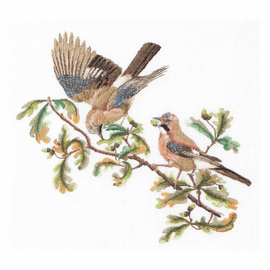 Two birds on a branch with leaves cross stitch