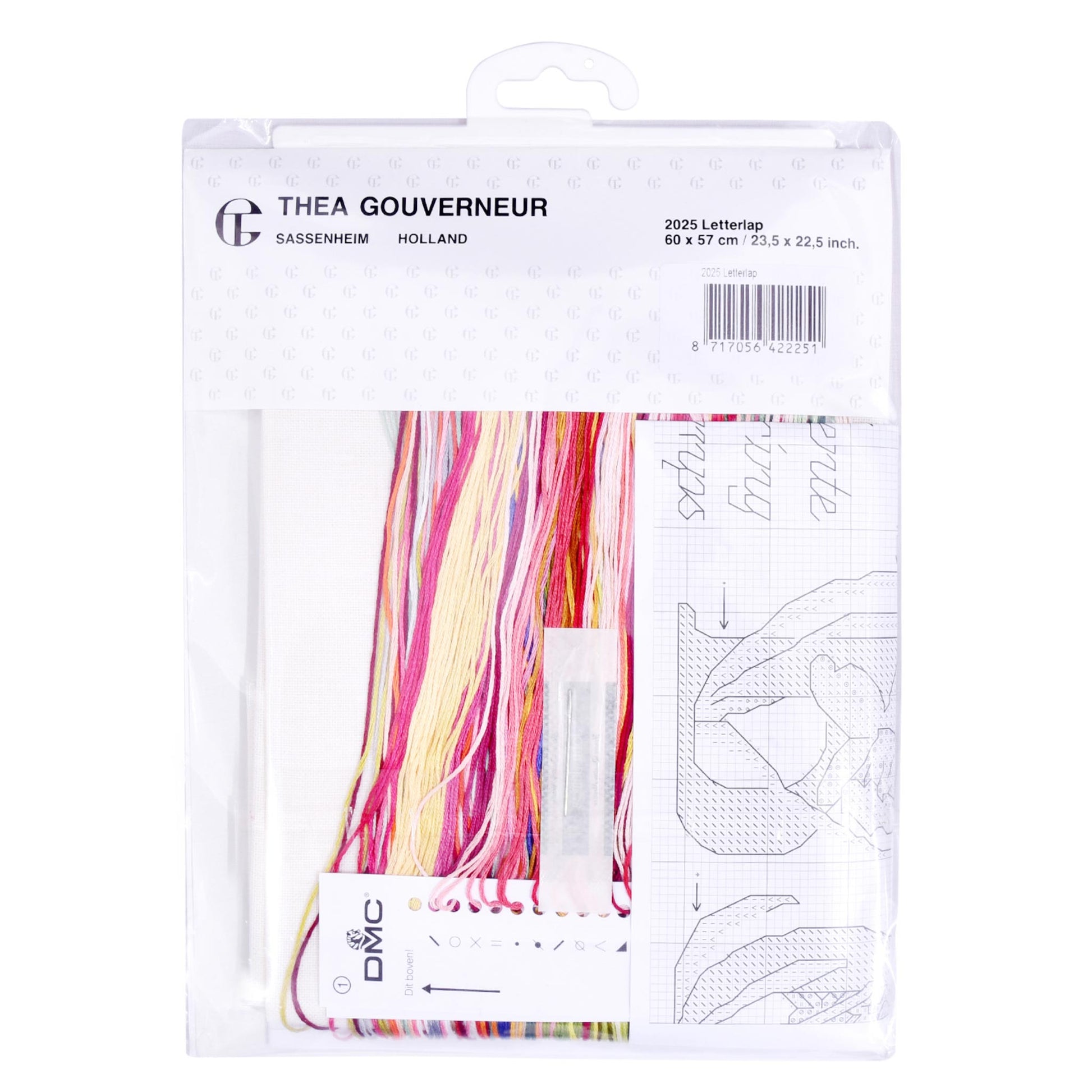 Embroidery kit with Aida needlework fabric and packaging displaying dmc embroidery threads and kit content