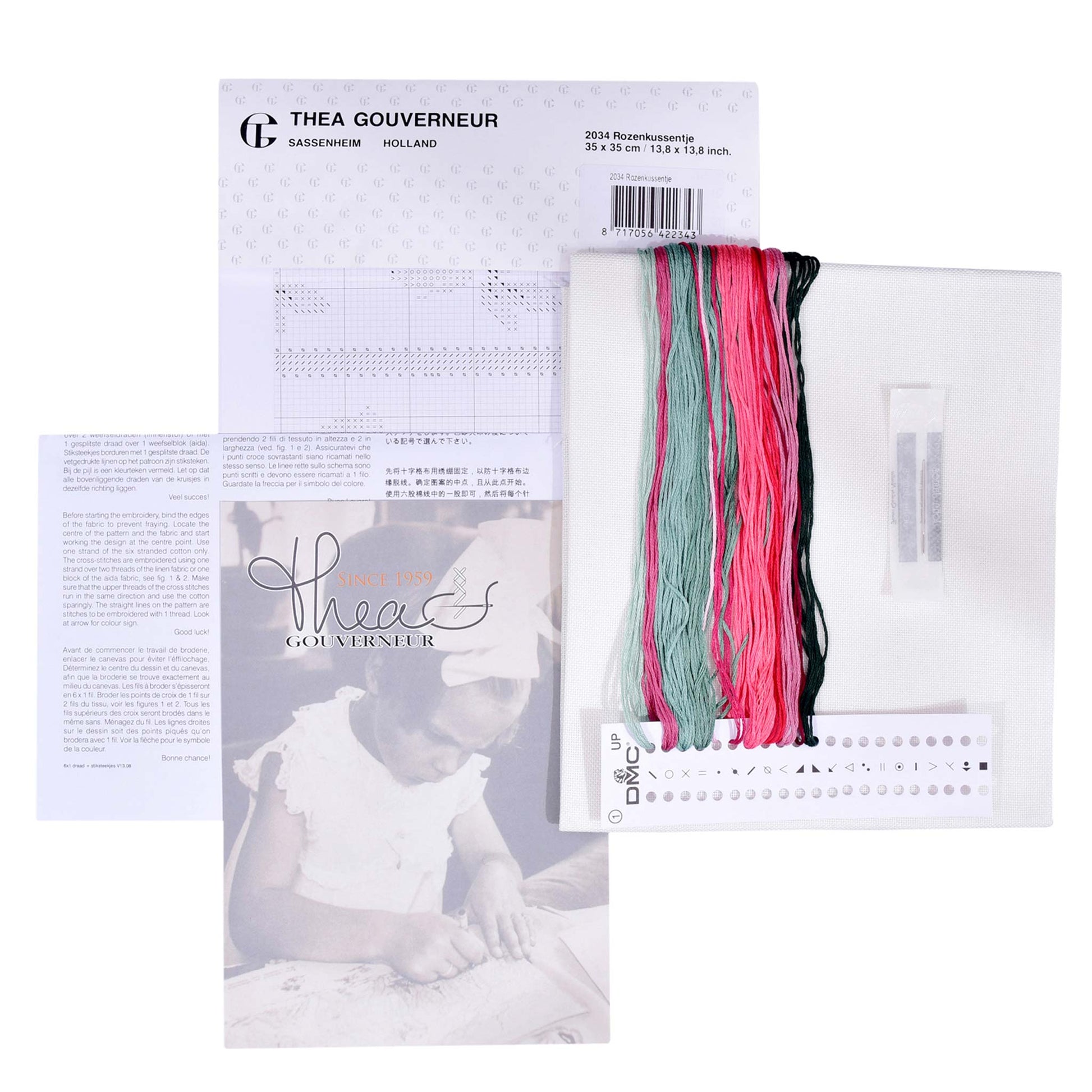 Colorful presorted mouline floss and kit content packaging with Thea Gouverneur branding