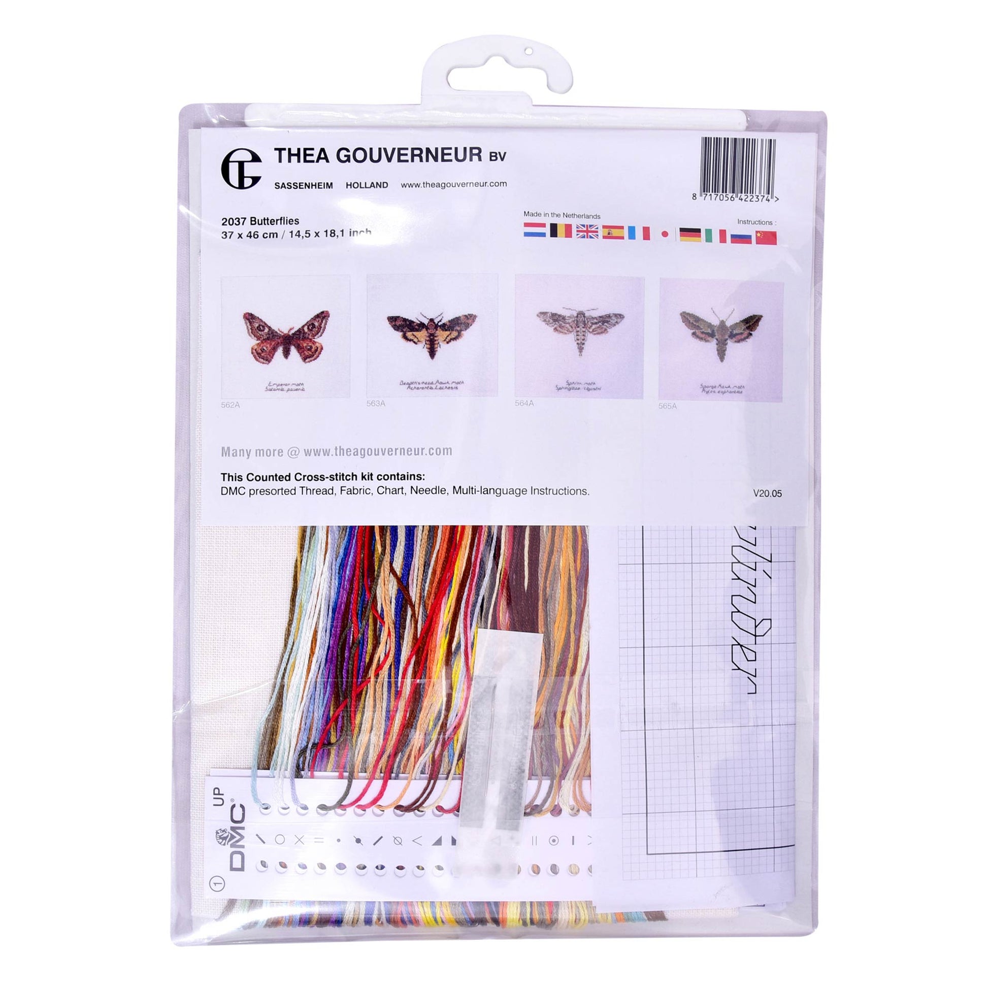 Thea Gouverneur cross-stitch kit packaging with butterfly designs and colorful threads.