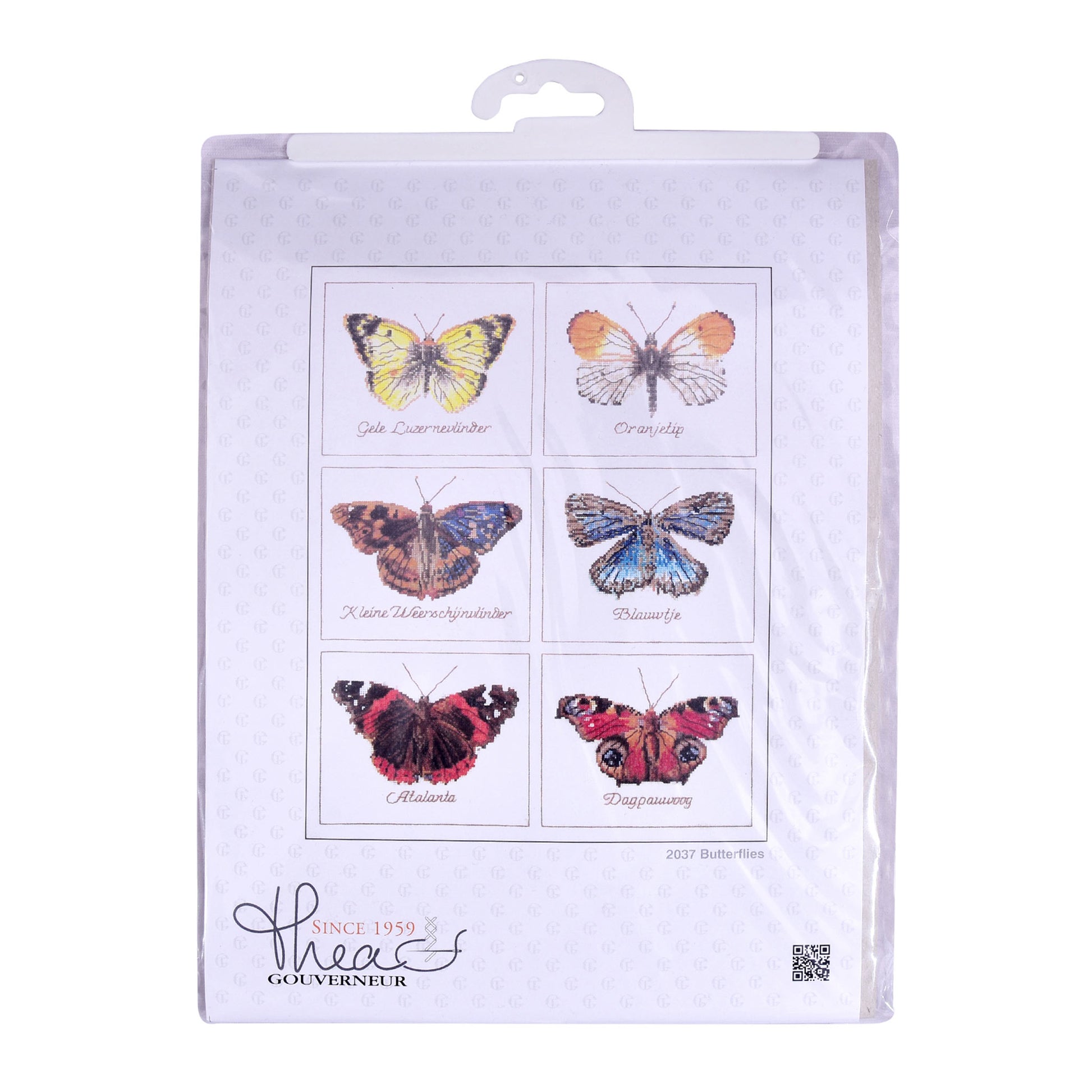 Packaged cross stitch kit butterflies on a white background Thea Gouverneur