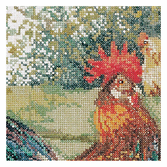 Cross-stitched rooster in a natural setting with trees and grass.