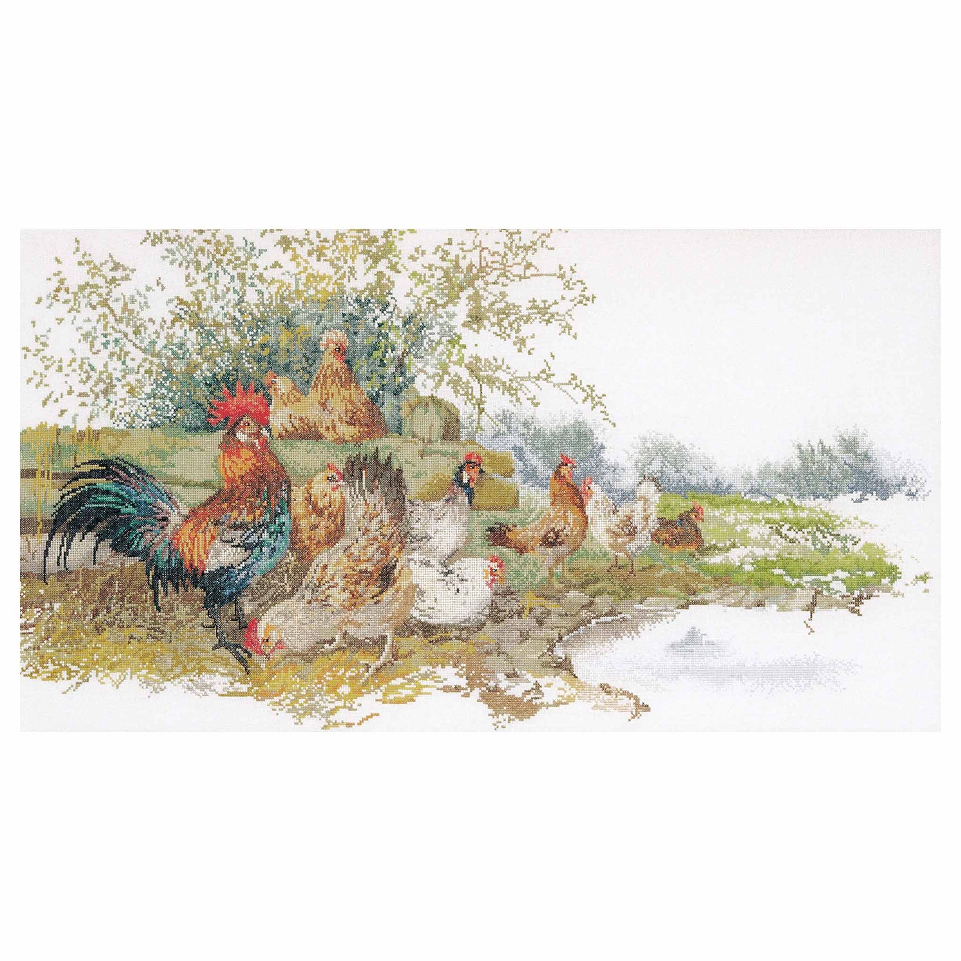 Cross stitch design chickens and a rooster in a countryside yard