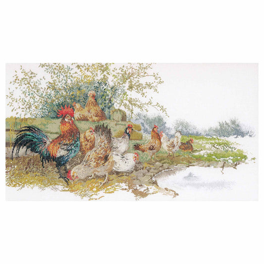 Cross stitch design chickens and a rooster in a countryside yard