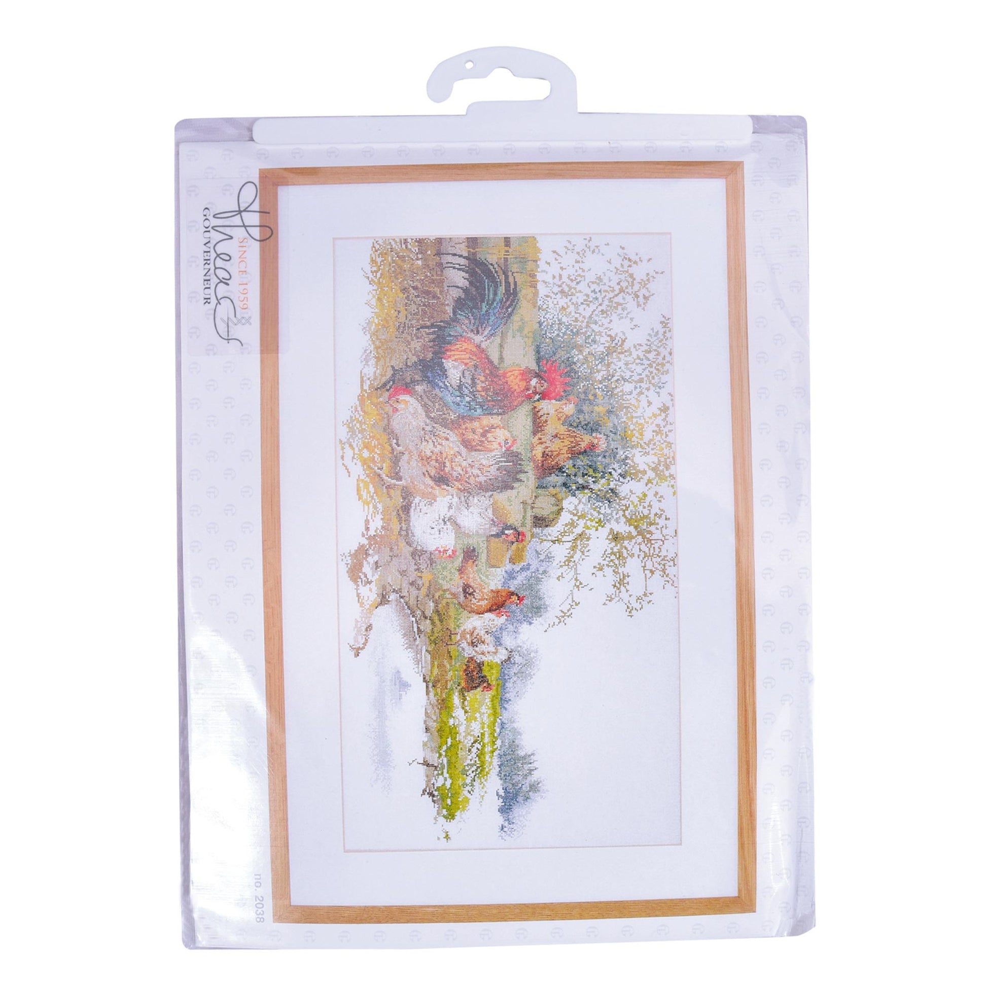 Packaged cross stitch kit with rooster design on a white background