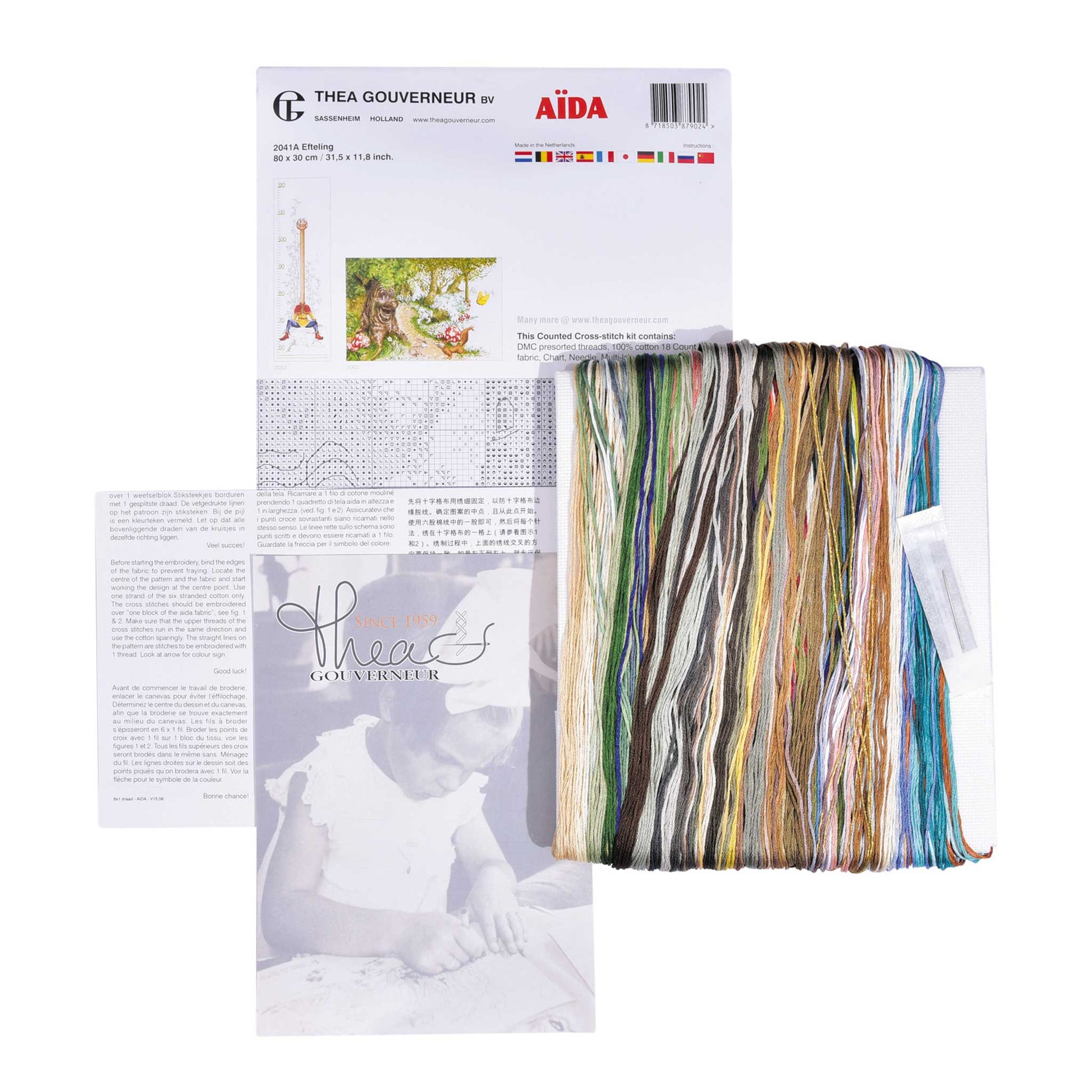 Cross stitch pattern and kit package and content with 'Thea Gouverneur' branding on a white background