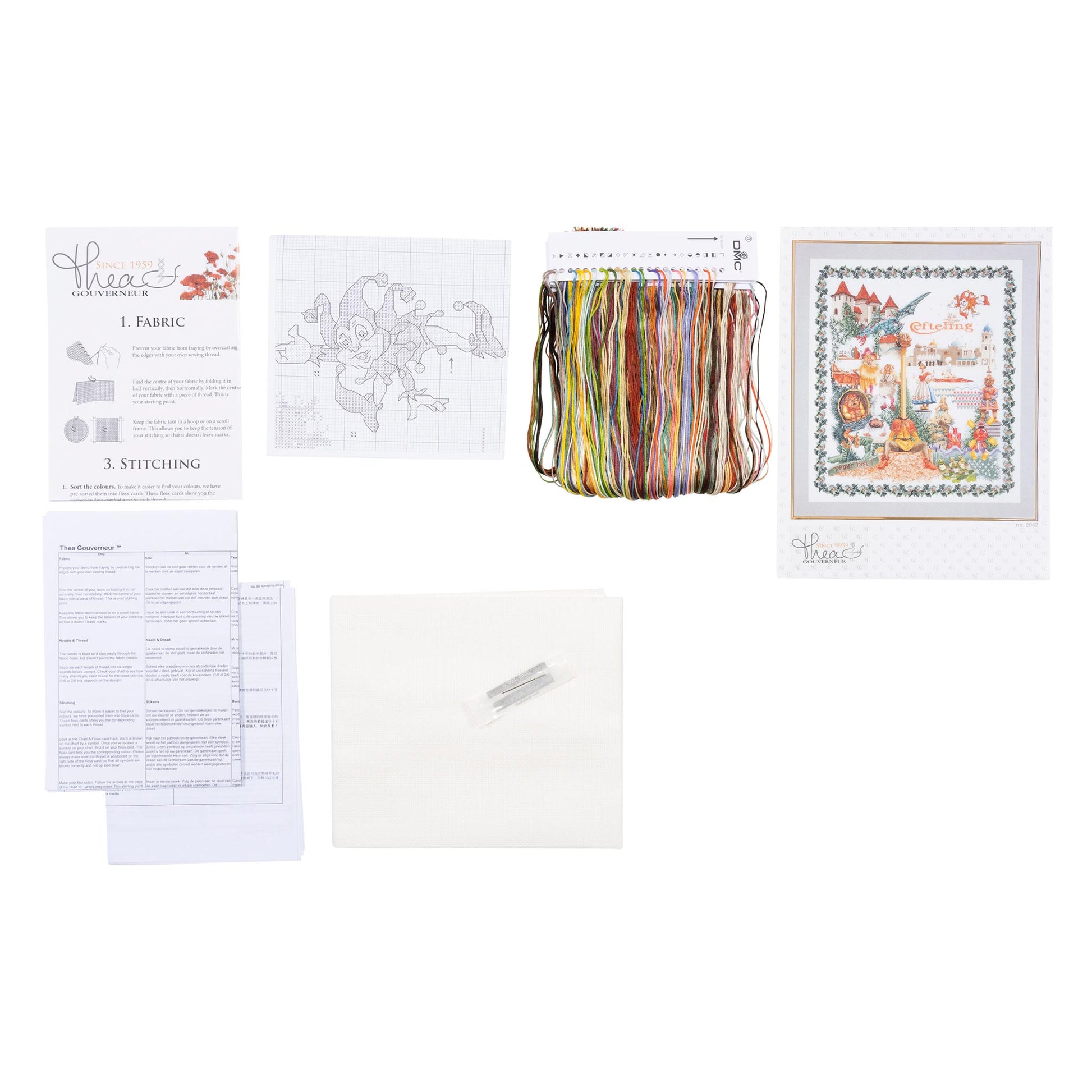 Kit content cross stitching materials including  needlework fabric, embroidery floss, atterns, chart and instructions