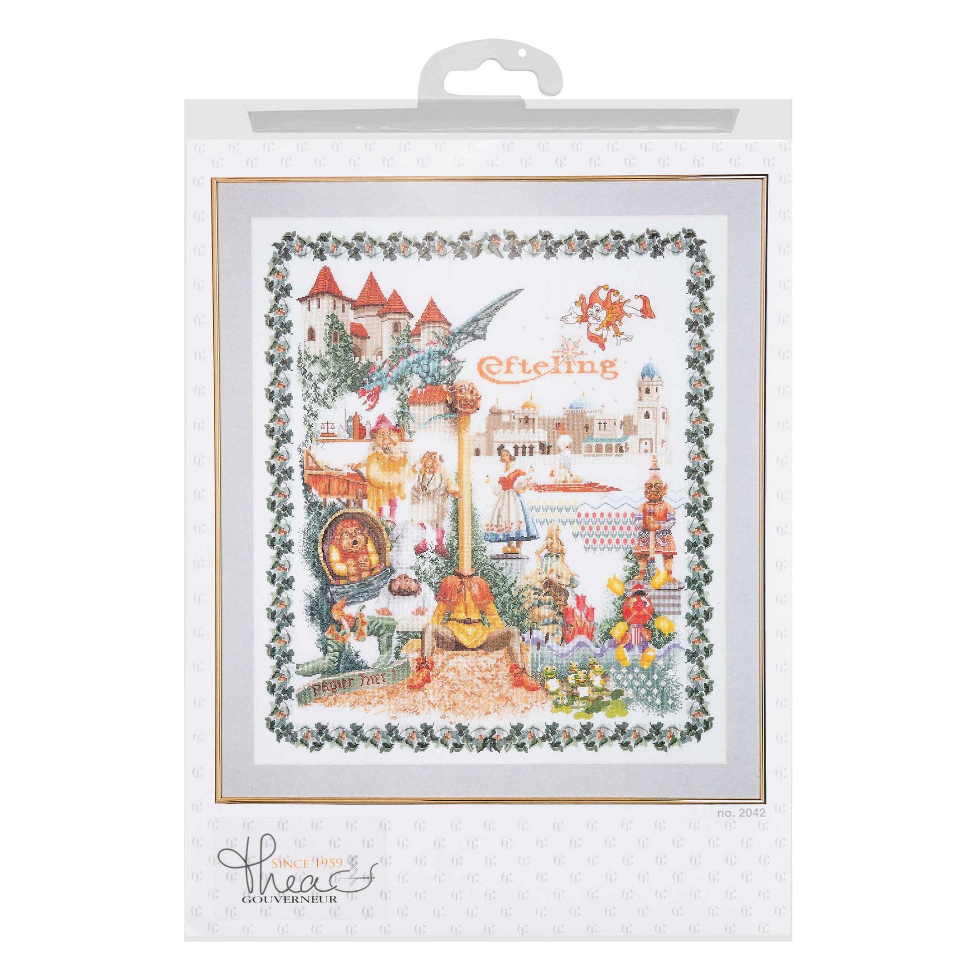 Packaged cross stitch kit with a scenic design of a castle and trees, featuring the brand Thea Gouverneur