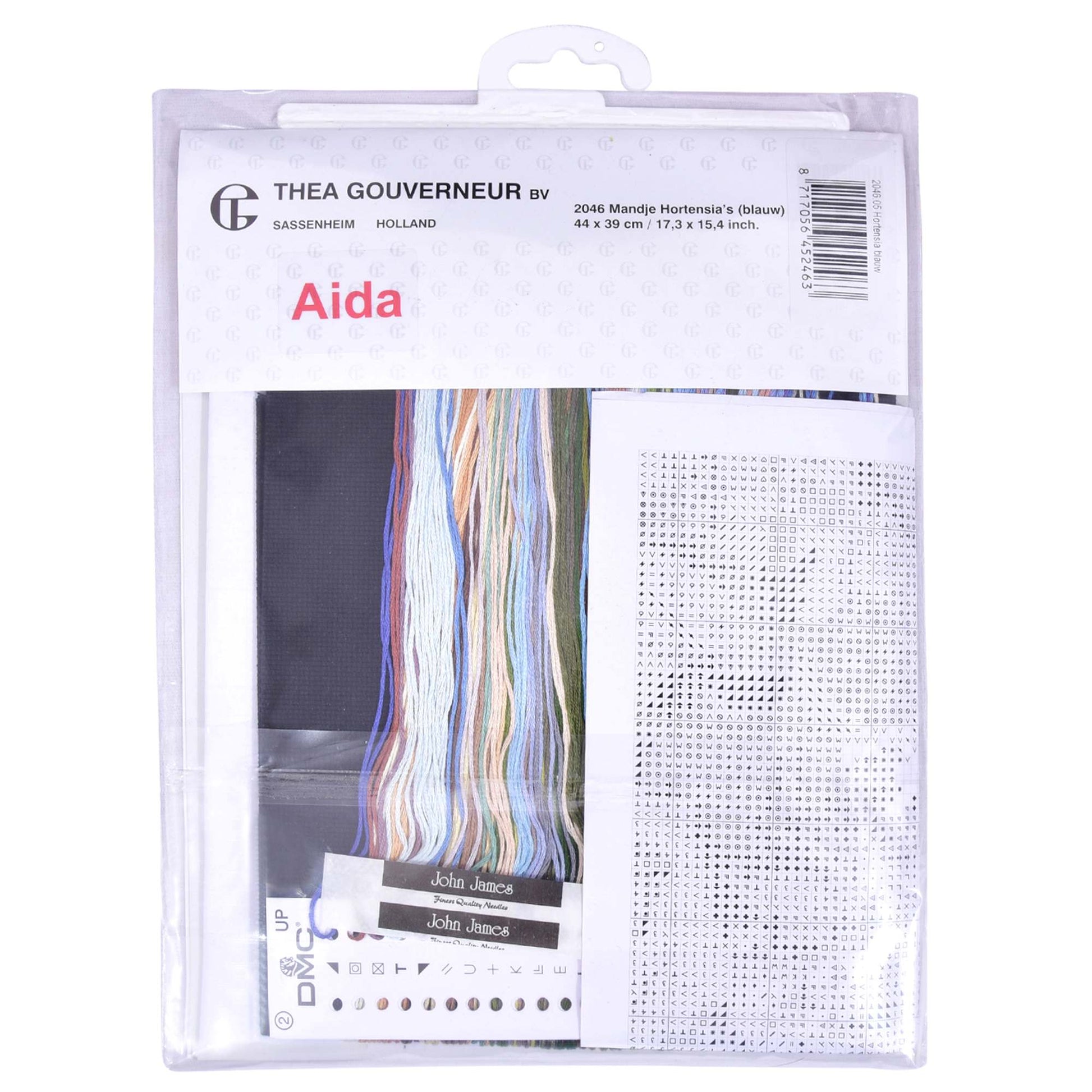Packaged Thea Gouverneur Aida fabric with cross-stitch pattern on a white background
