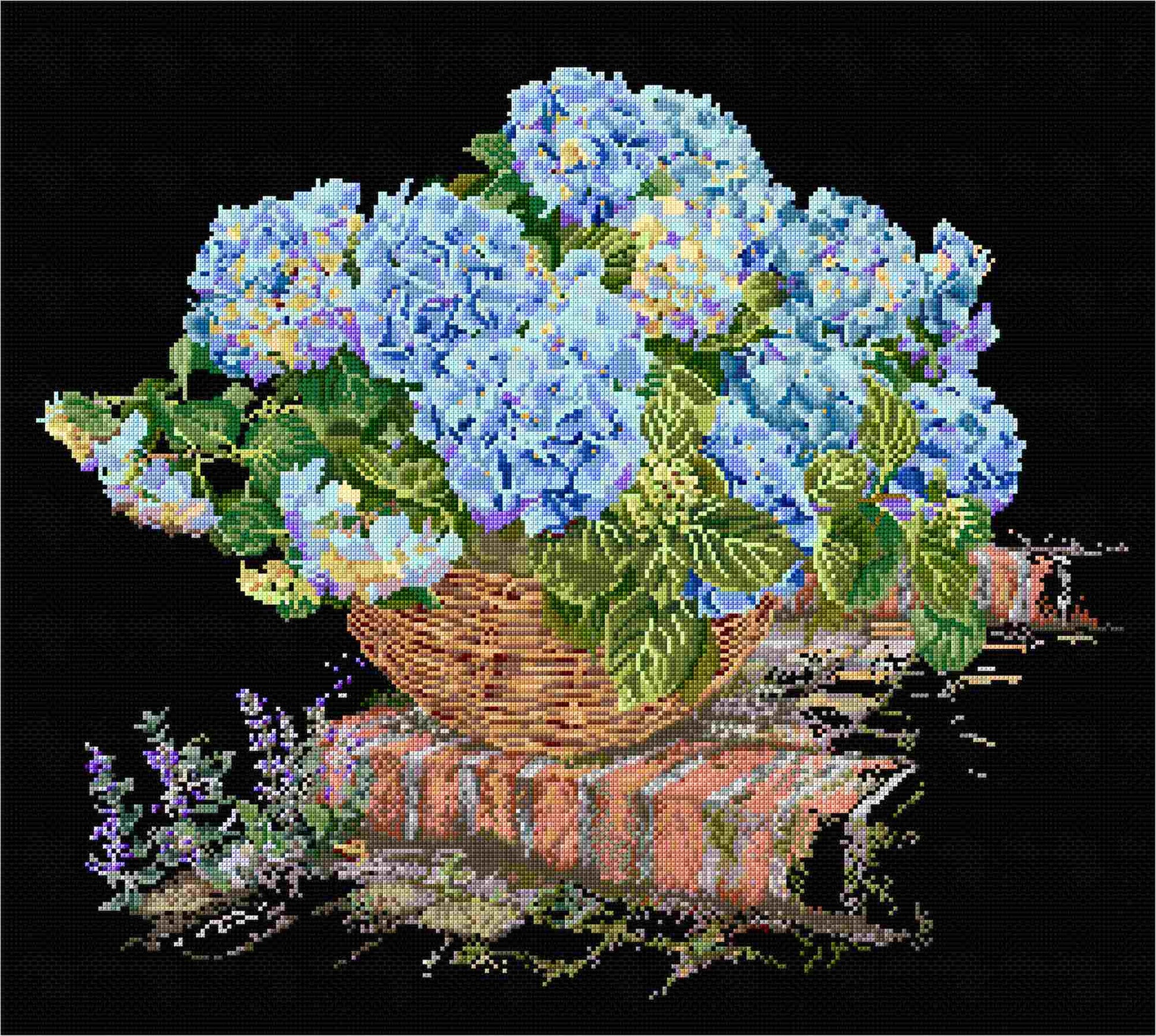 Cross-stitched design of a basket with blue hydrangea flowers on a black background