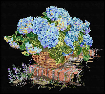 Cross-stitched design of a basket with blue hydrangea flowers on a black background