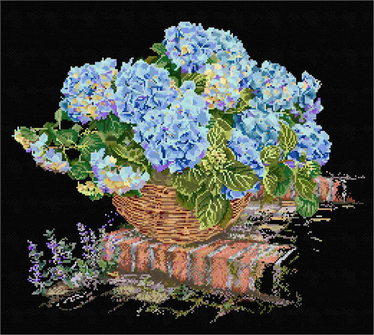 Cross-stitched design of a basket with blue hydrangea flowers on a black background