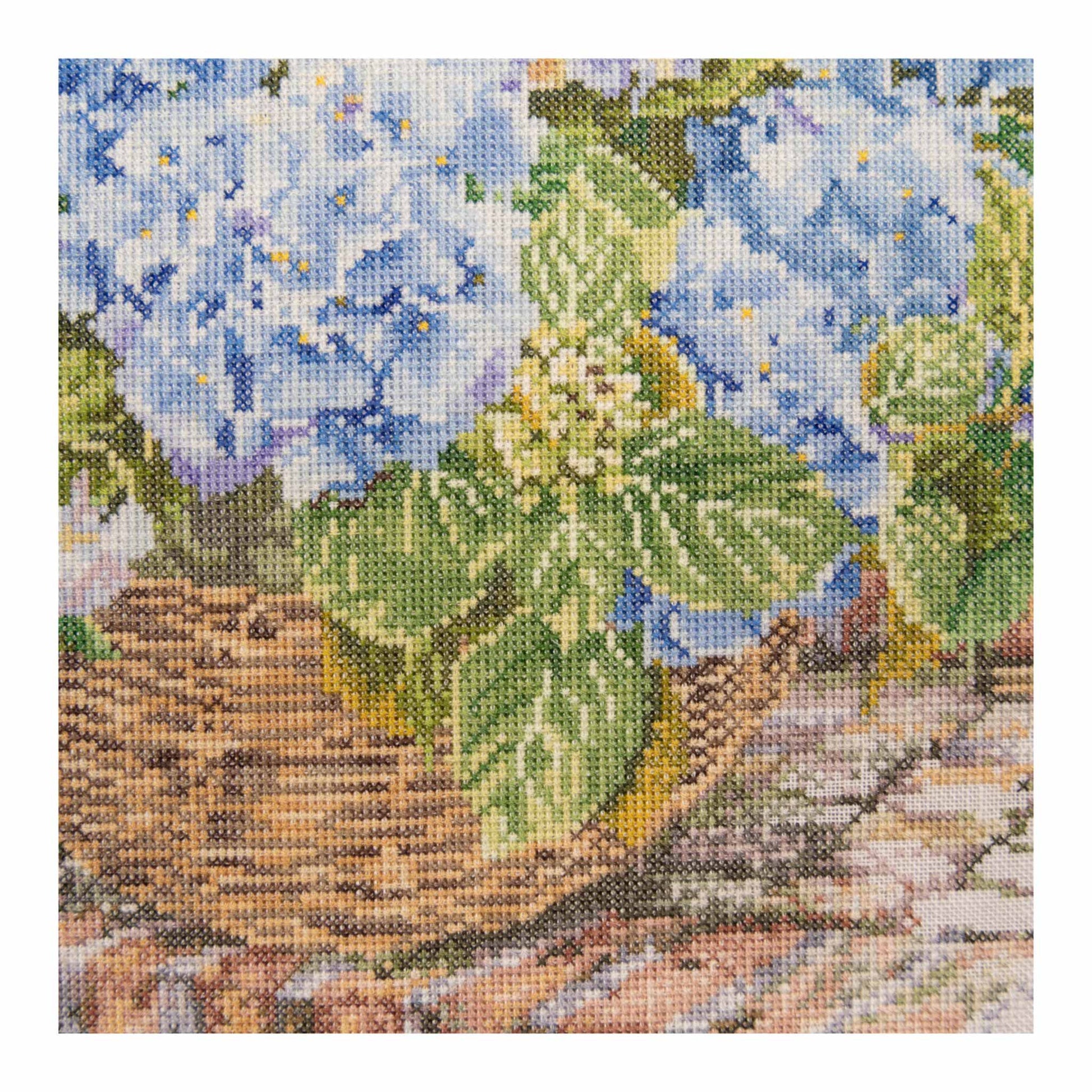 Cross Stitch Kit Blue Hydrangea Flowers close up