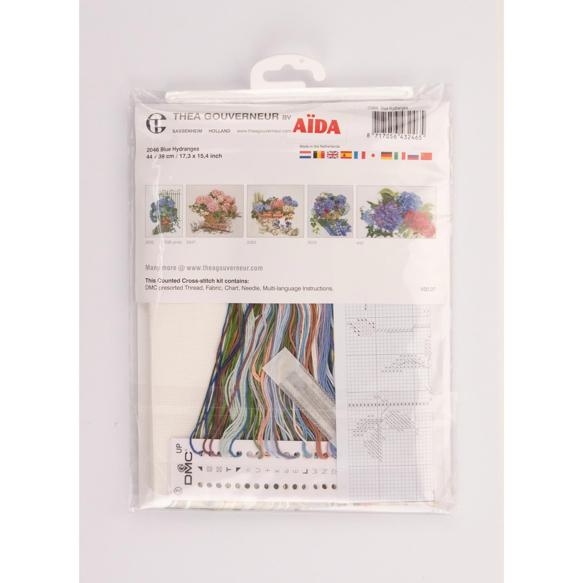 Aida cross stitch kit packaging with floral patterns Thea Gouverneur