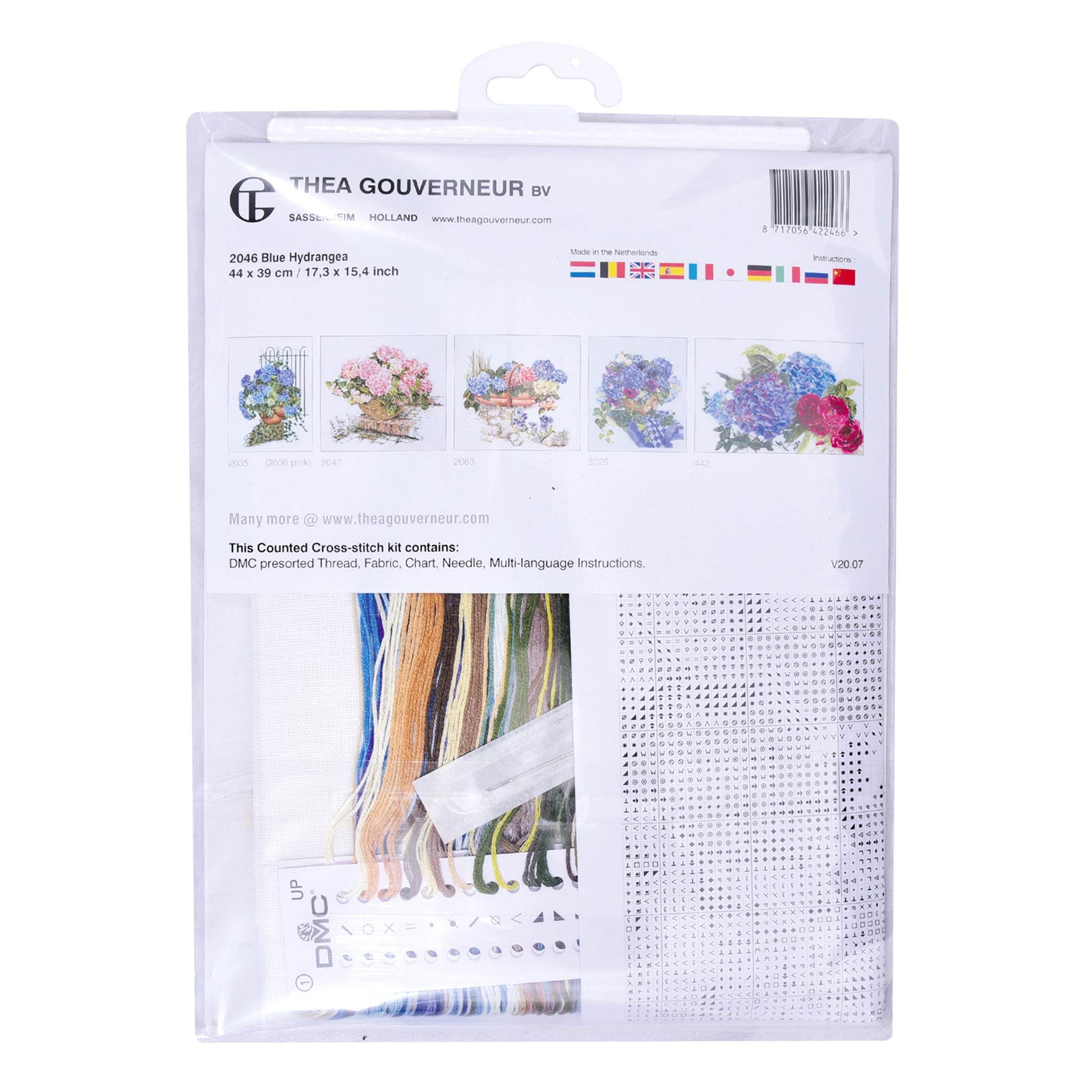 Embroidery kit packaging with floral designs and Thea Gouverneur branding.