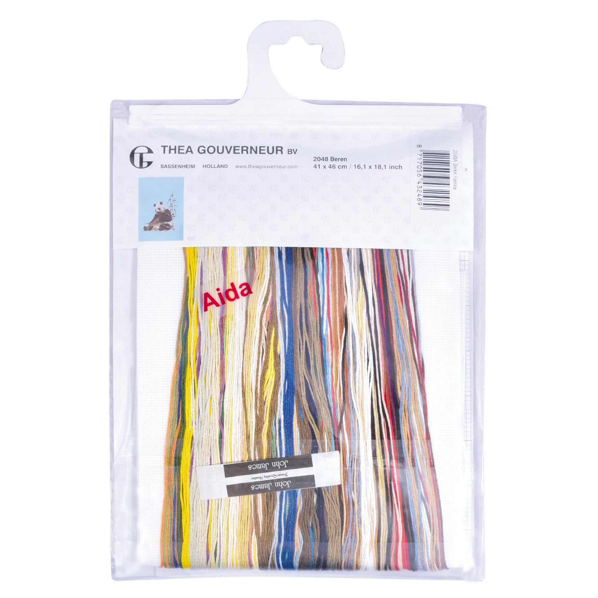 Embroidery kit with Aida needlework fabric and packaging displaying dmc embroidery threads and kit content