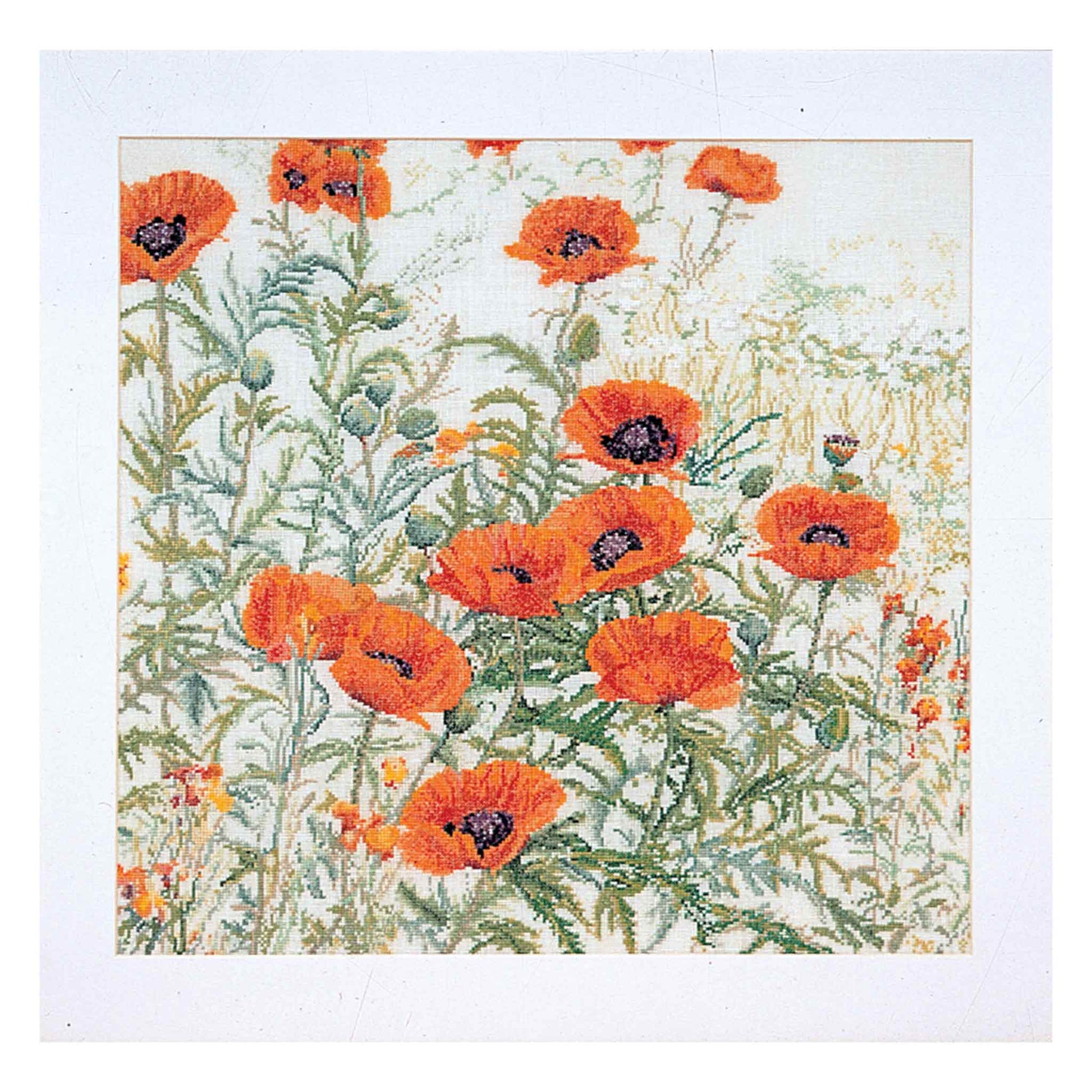 Cross stitch Pattern of orange poppies flowers with green leaves on a meadow