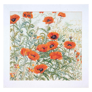 Cross stitch Pattern of orange poppies flowers with green leaves on a meadow
