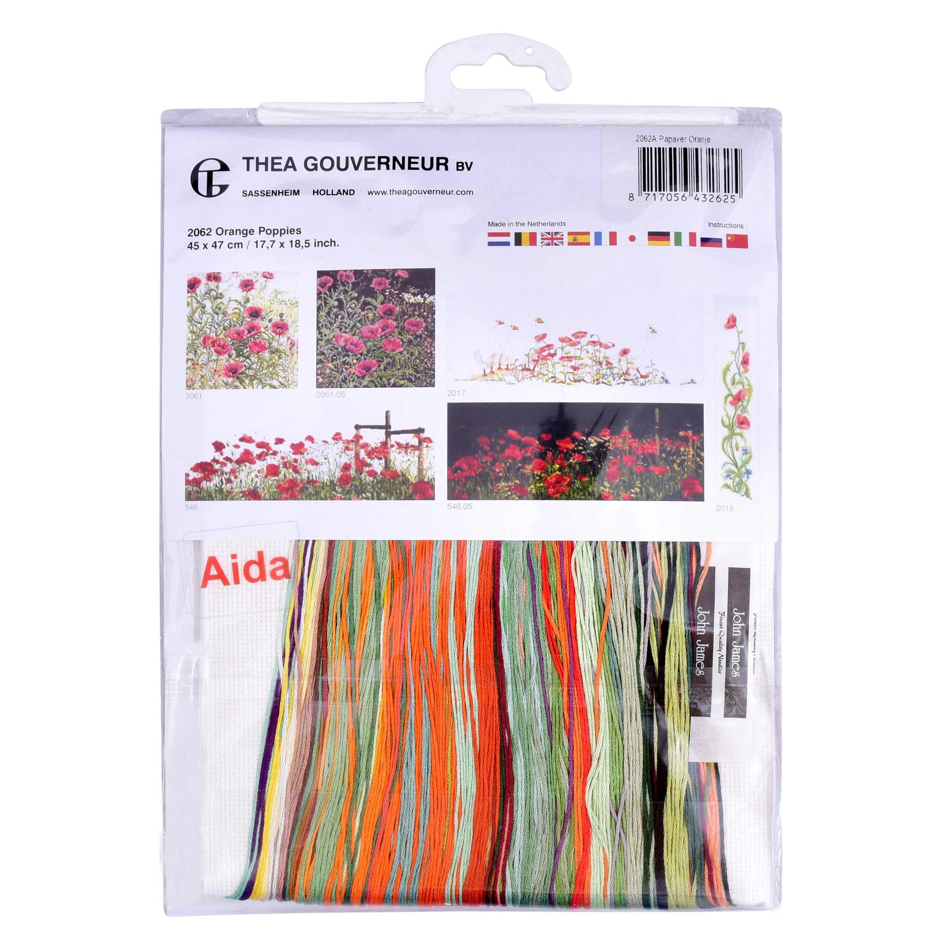 Package of Thea Gouverneur cross stitch kit with Aida needlework fabric, colorful dmc embroidery threads and chart pattern