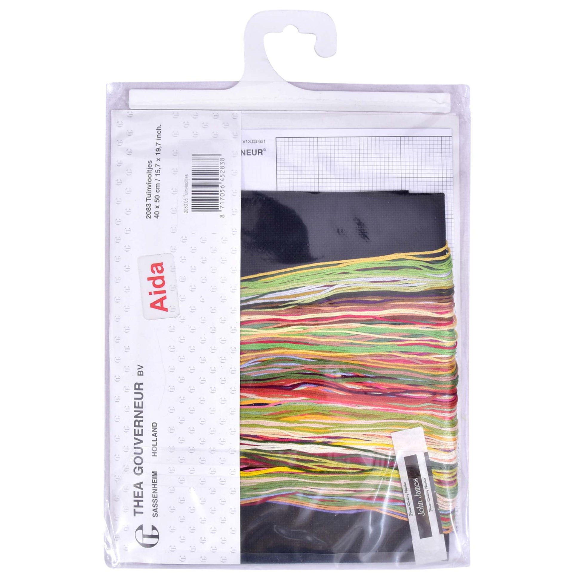 Packaged embroidery fkit: Aida abric with colorful threads and 'Thea Gouverneur' branding on a white background