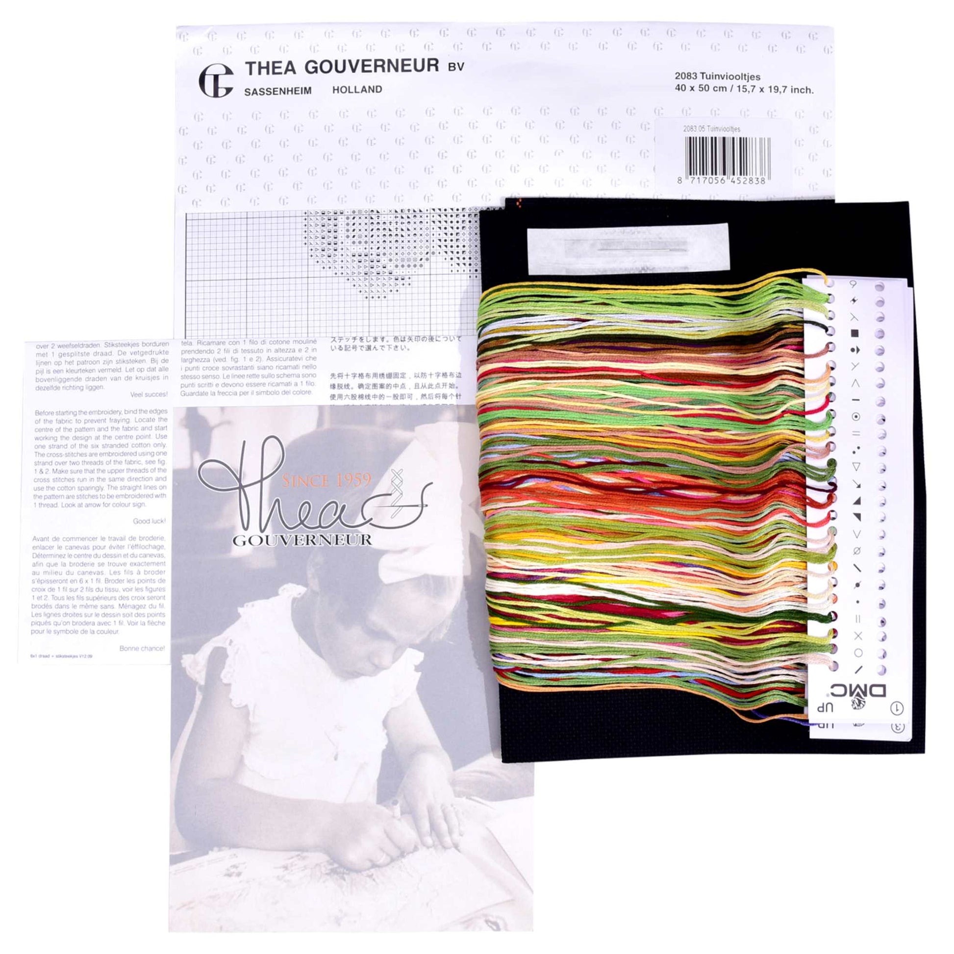 Cross stitch kit content: presorted threads, Aida needlework fabric, chart and embroidery needle