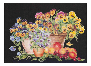 Cross-stitched design of a basket with flowers and fruits on a black background