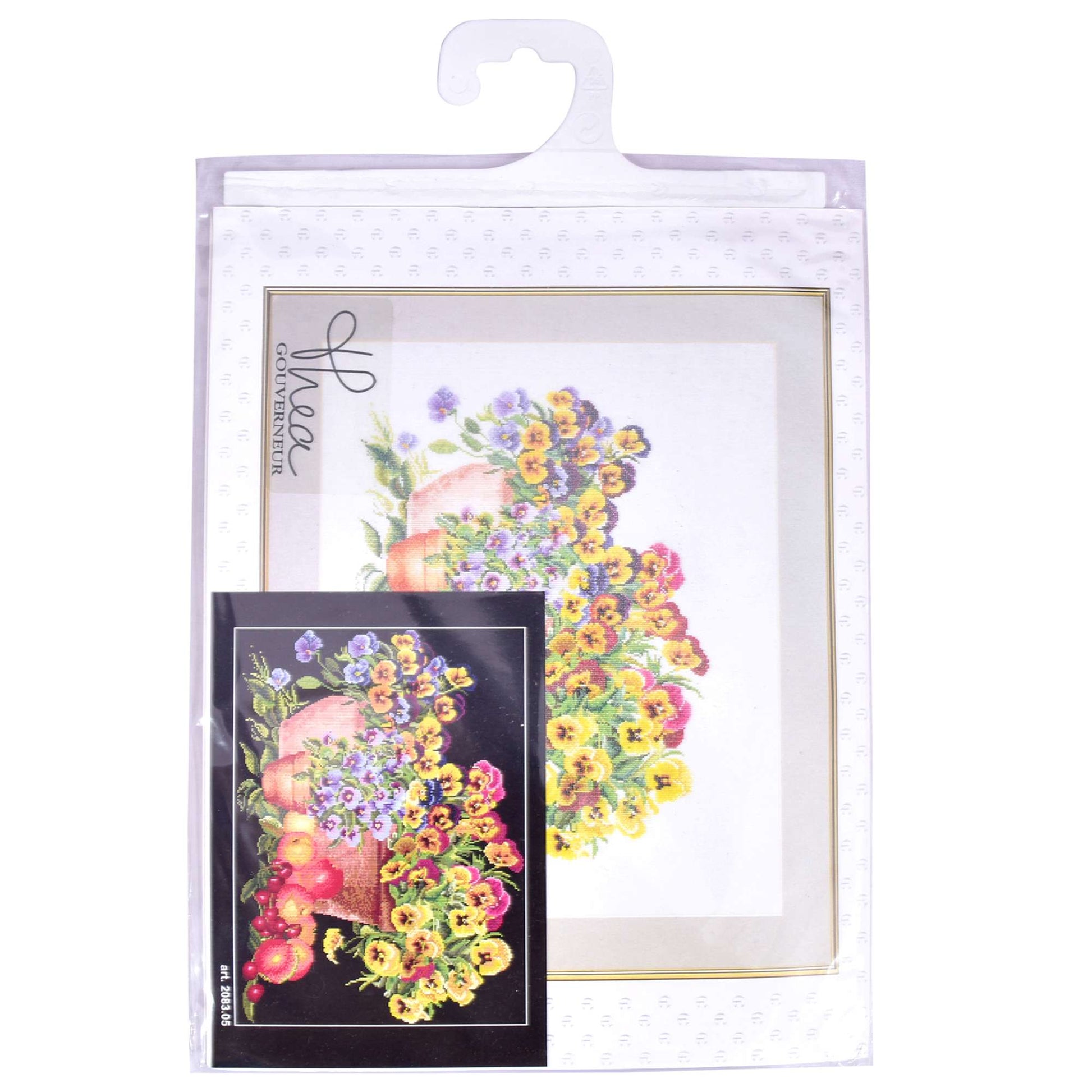 Packaged cross stitch kit with floral designs on a white background