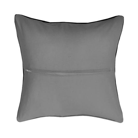 Grey pillow back finishing kit with a colorful woven edge on a white background