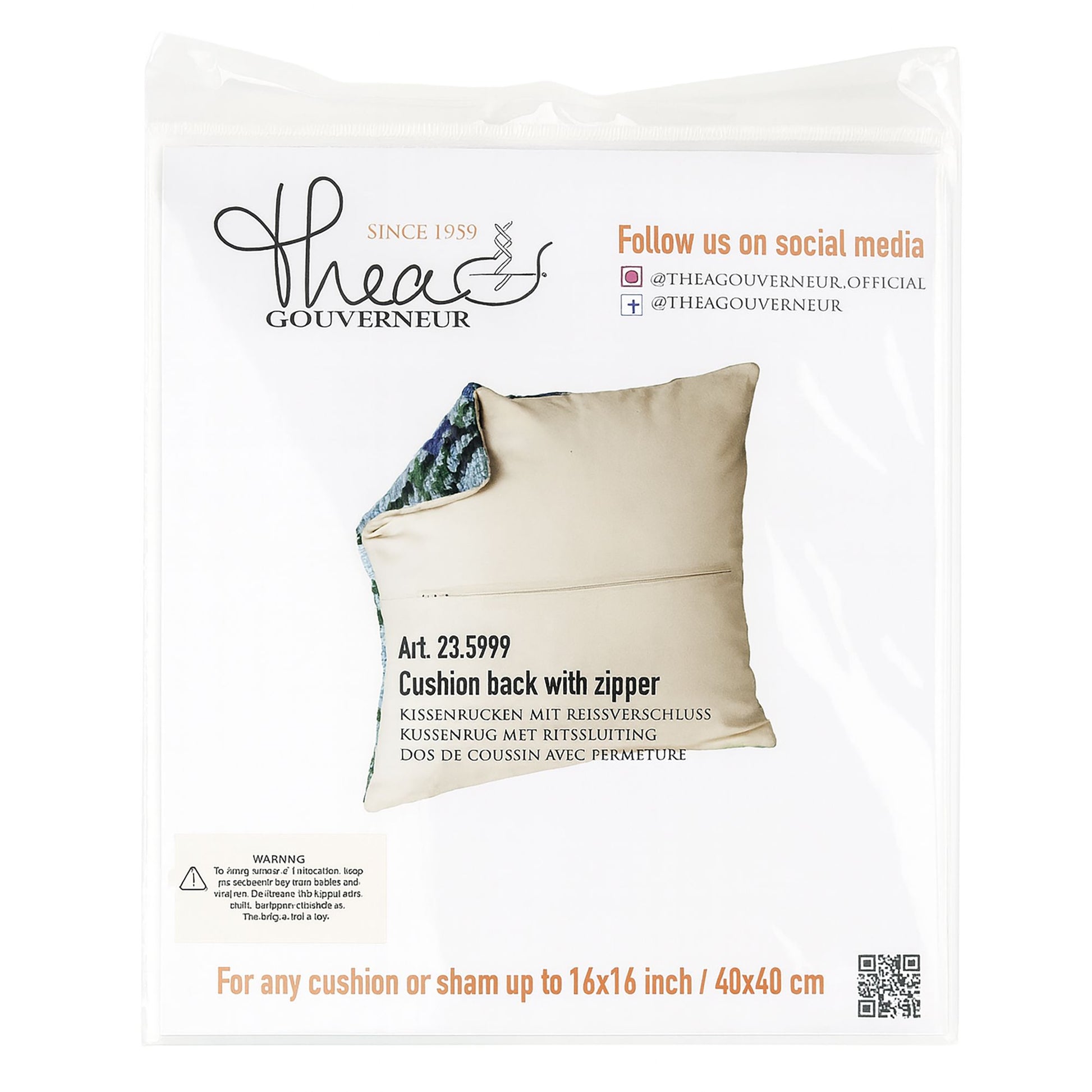 Thea Gouverneur cushion back with zipper packaging on a white background