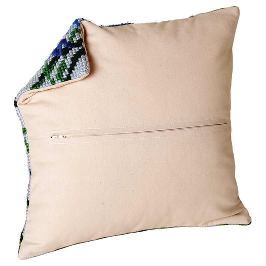 Beige pillow back finishing kit with a colorful woven edge on a white background