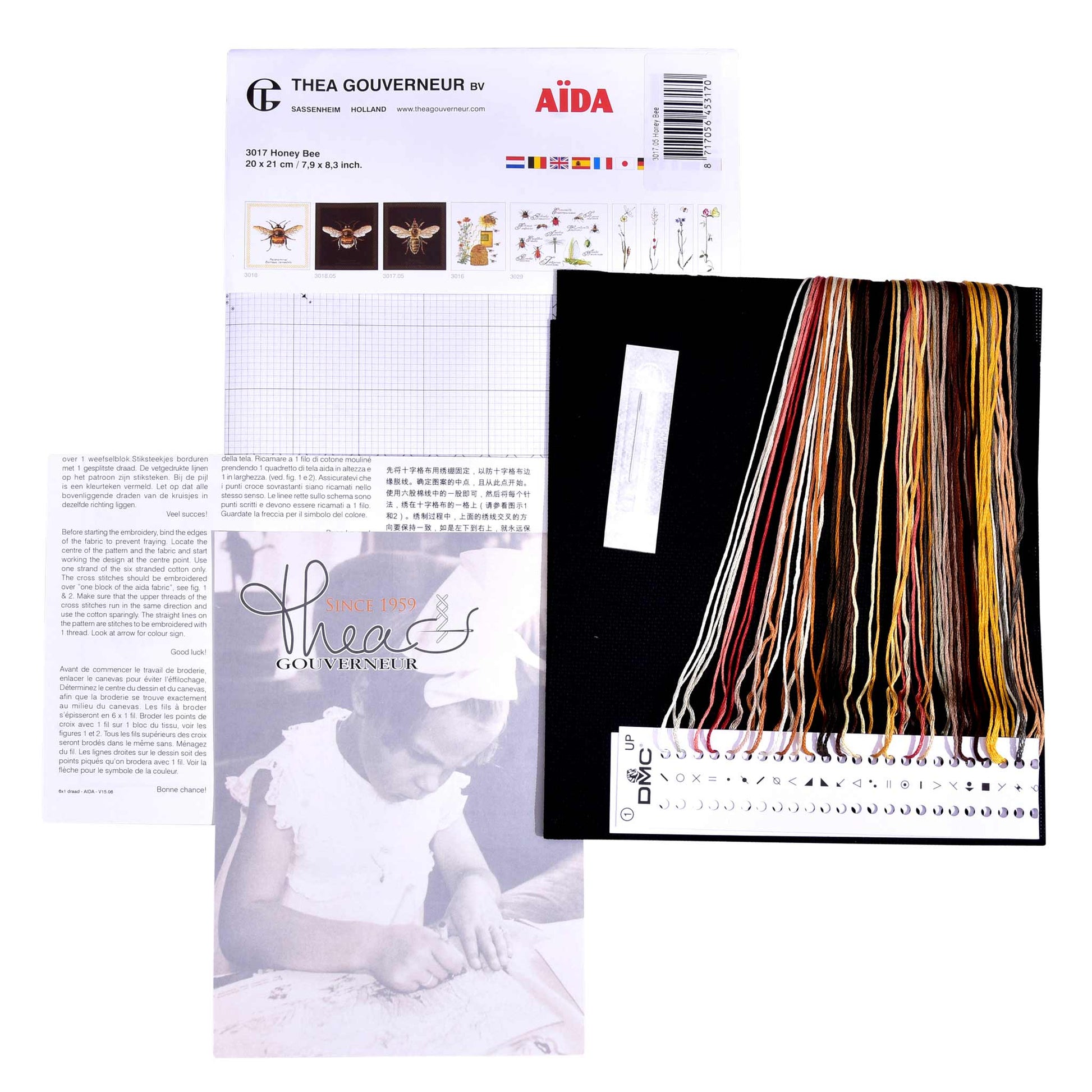 Embroidery kit content: Aida needlework fabrics, printed chart, colorful dmc embroidery threads presorted on the floss organizer