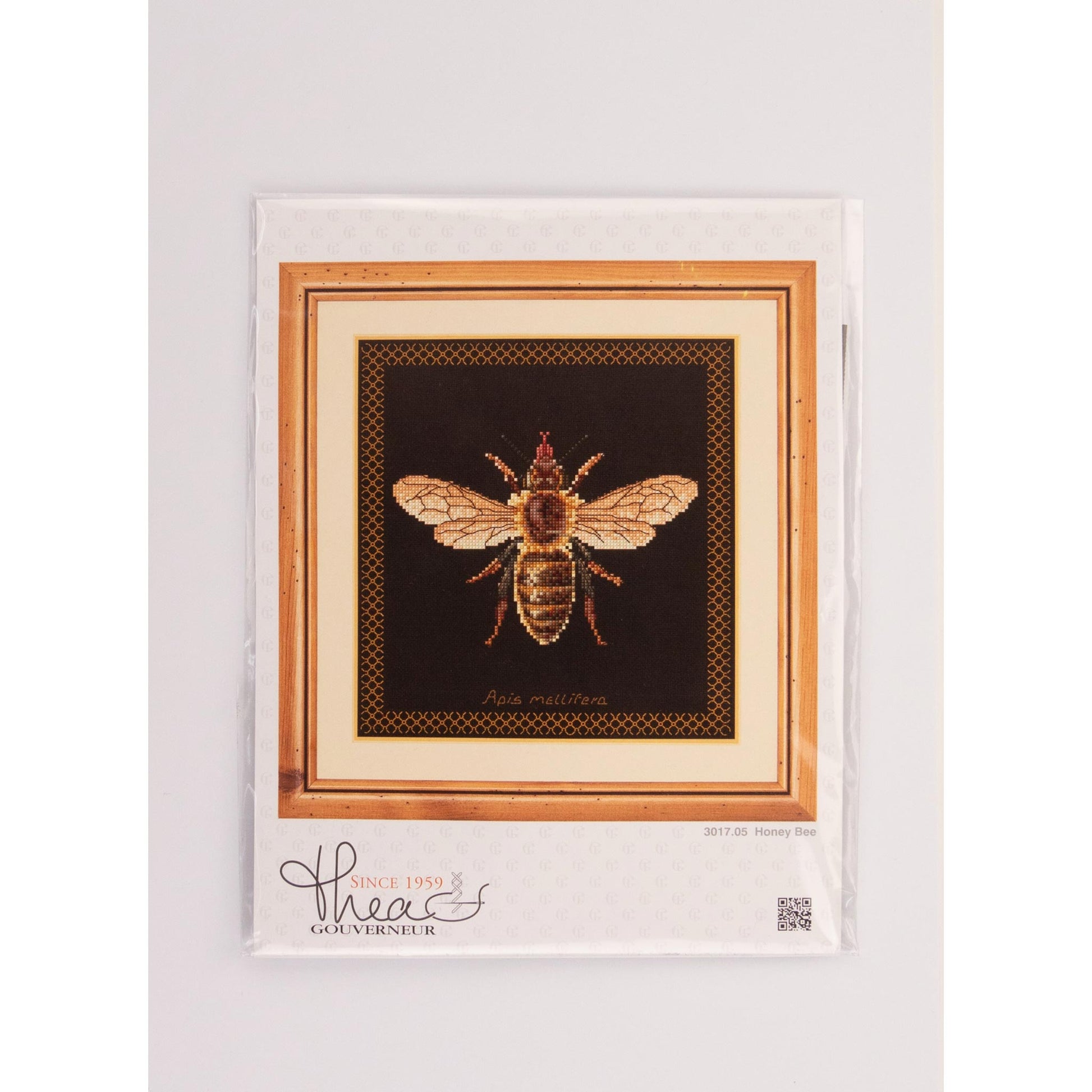 Packaged cross stitch kit of a bee , featuring the brand 'Thea Gouverneur'.