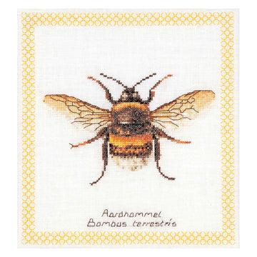 Cross-stitched bee design with a honeycomb border on a white background