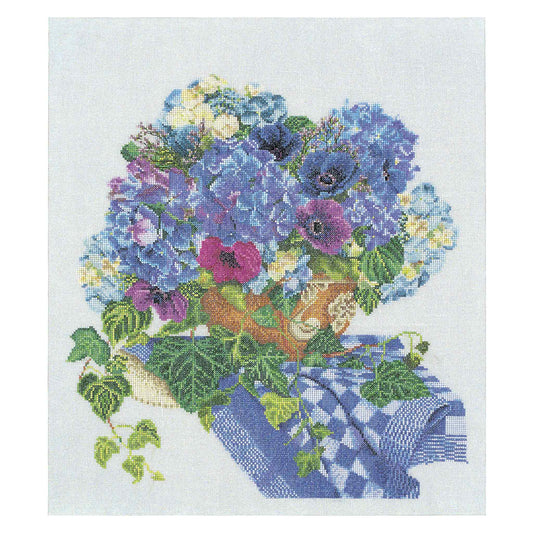 Cross-stitched design of a bouquet of flowers with a blue checkered cloth on a white background