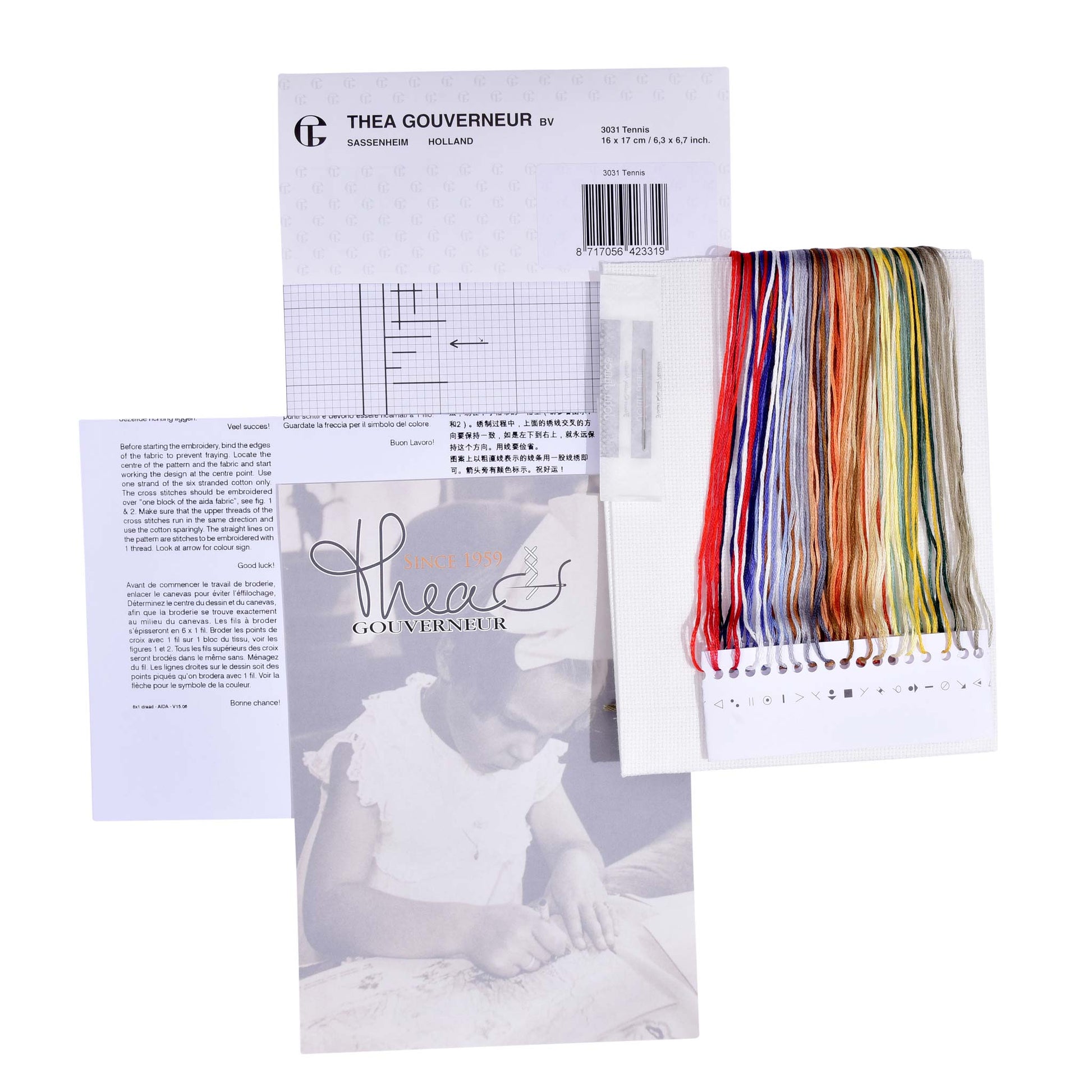 Embroidery kit with pattern and chart, needlework fabric, and threads on the floss organizer.