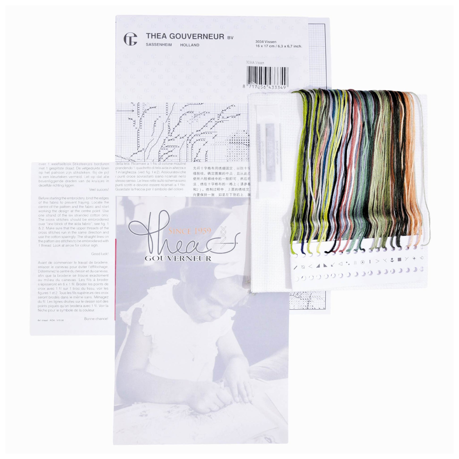Embroidery kit content: linen needlework fabrics, printed chart, colorful dmc embroidery threads presorted on the floss organizer
