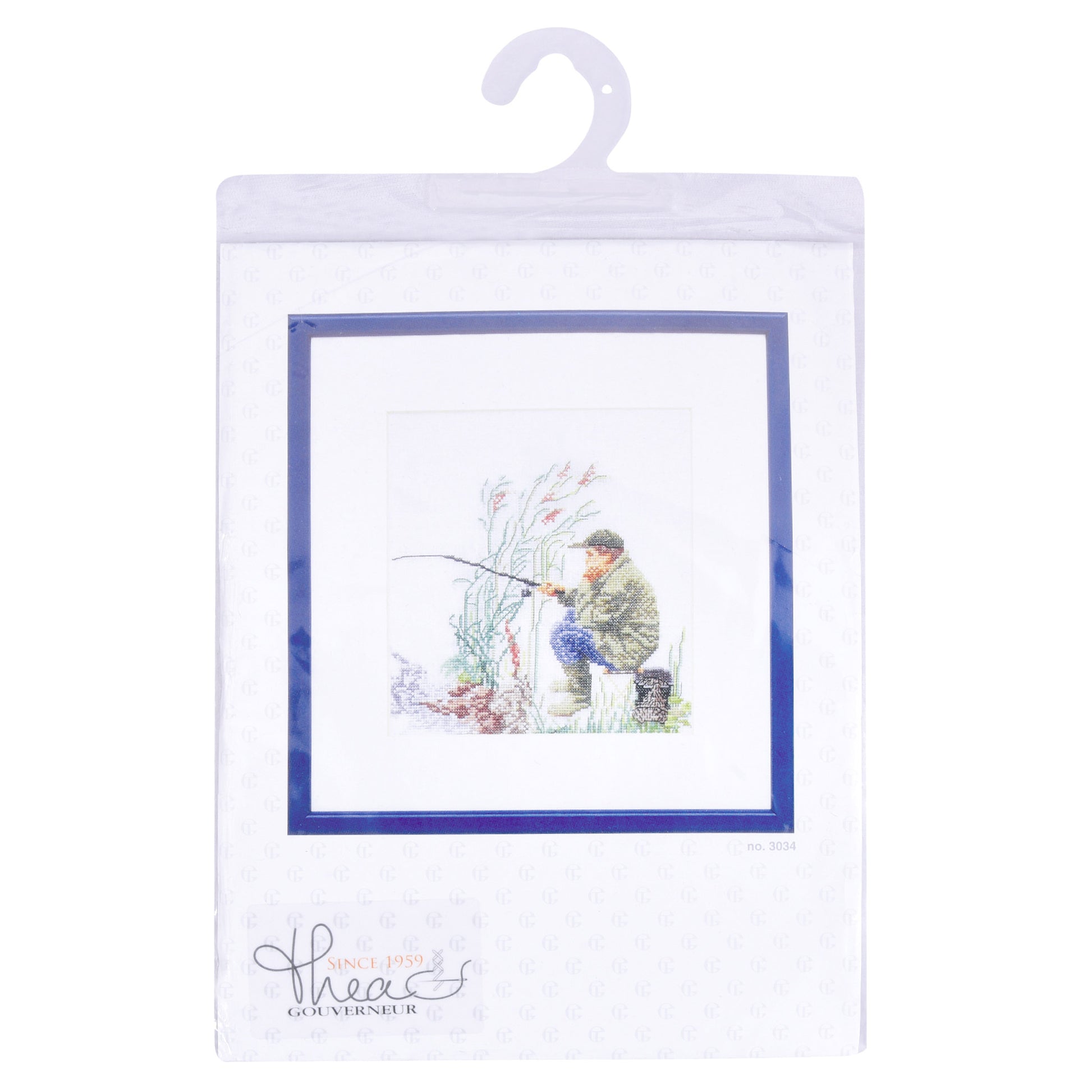 Packaged embroidery kit of aman fishing at the river Thea Gouverneur brand