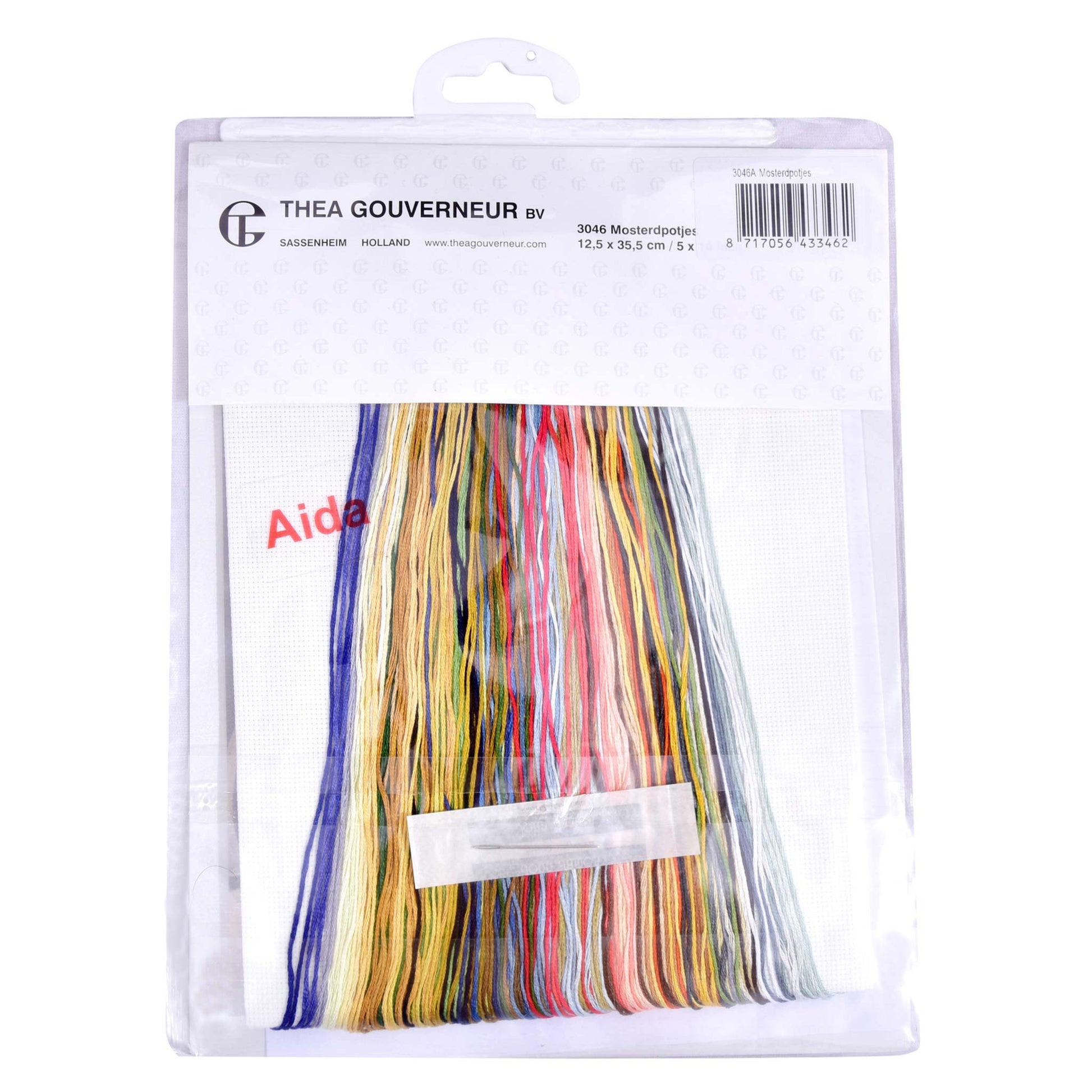 Embroidery kit with Aida needlework fabric and packaging displaying dmc embroidery threads and kit content