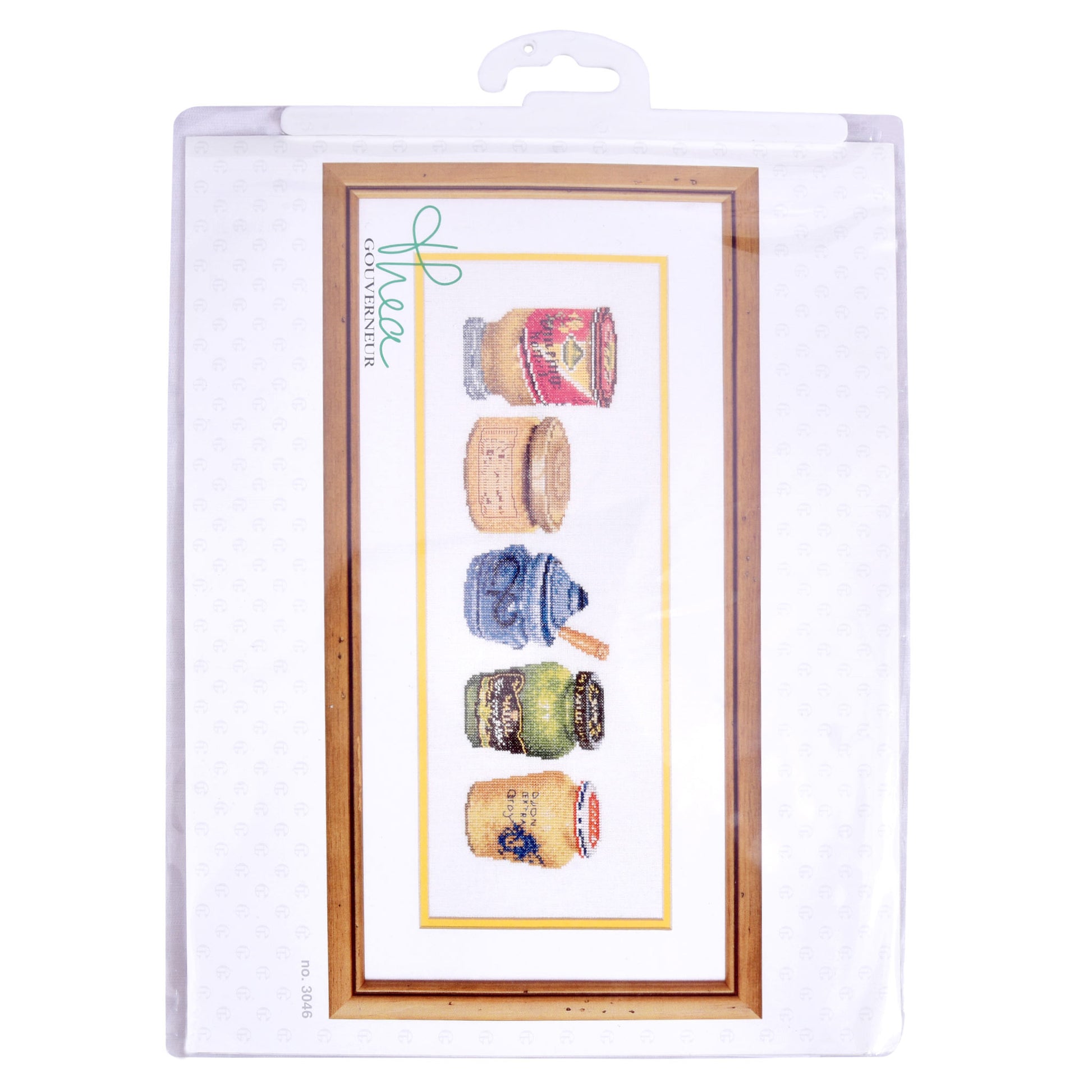 Packaged cross-stitch kit with colorful jars design Thea Gouverneur