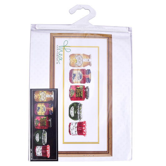 Packaged cross stitch kit set of colorful jars by Thea Gouverneur